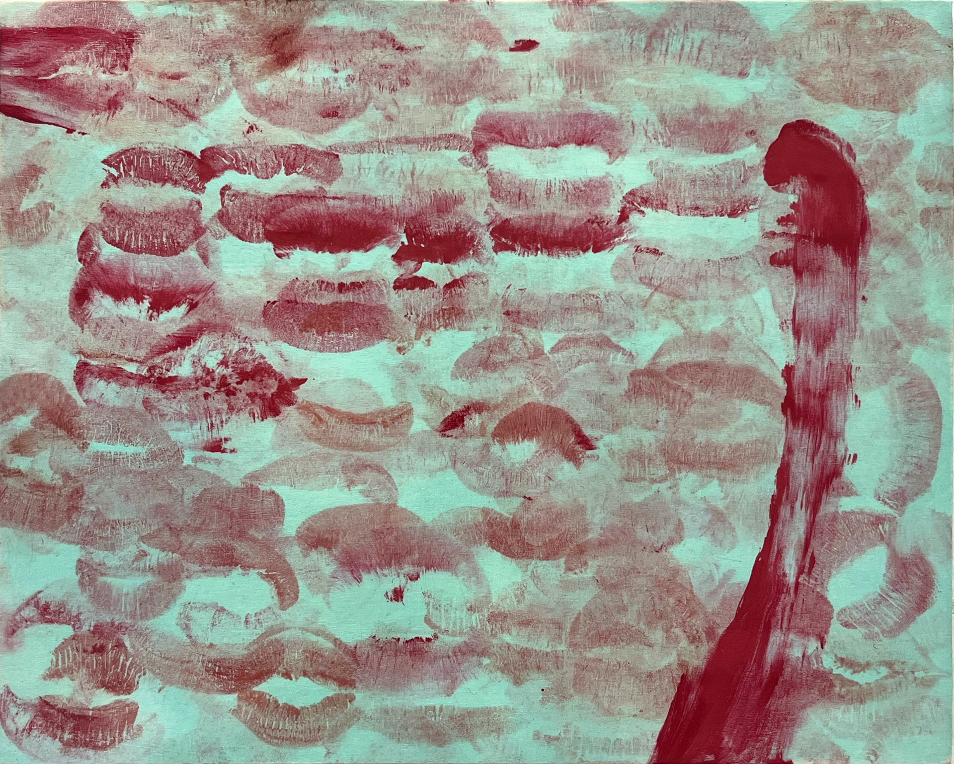 “01/09," 8x10 inches. Madelaine Mae Dack. Lipstick on stained wood. 2024.