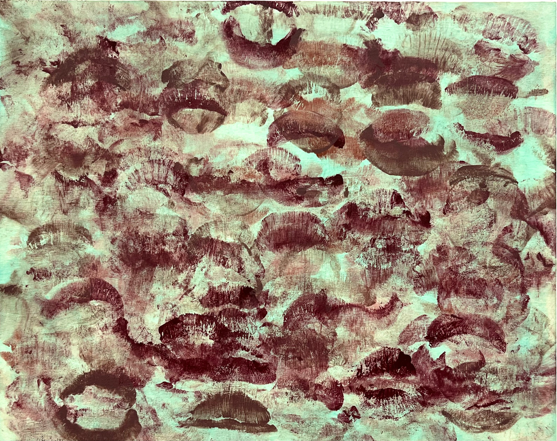 “17/03," 8x10 inches. Madelaine Mae Dack. Lipstick on stained wood. 2024.