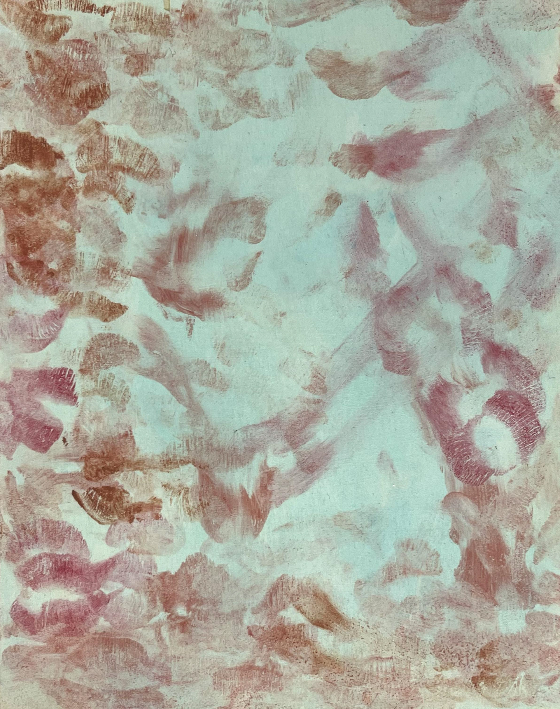 “02/05," 8x10 inches. Madelaine Mae Dack. Lipstick on stained wood. 2024.