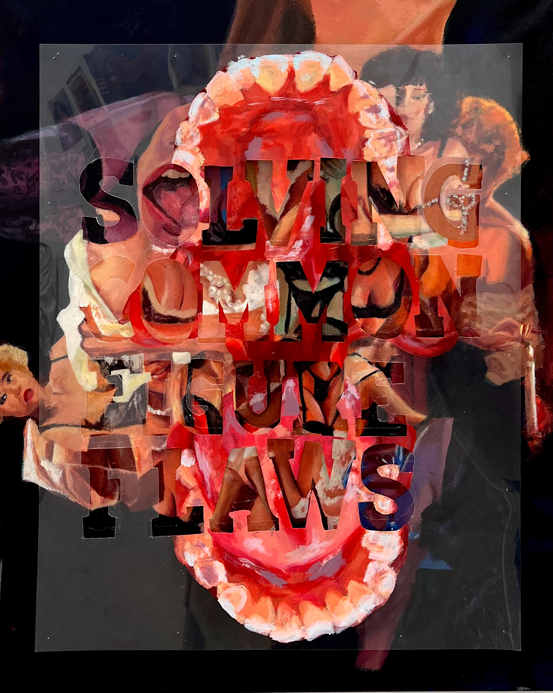 "Solving Common Figure Flaws," 24x30 inches. Madelaine Mae Dack. Acrylic on canvas and plastic. 2024.