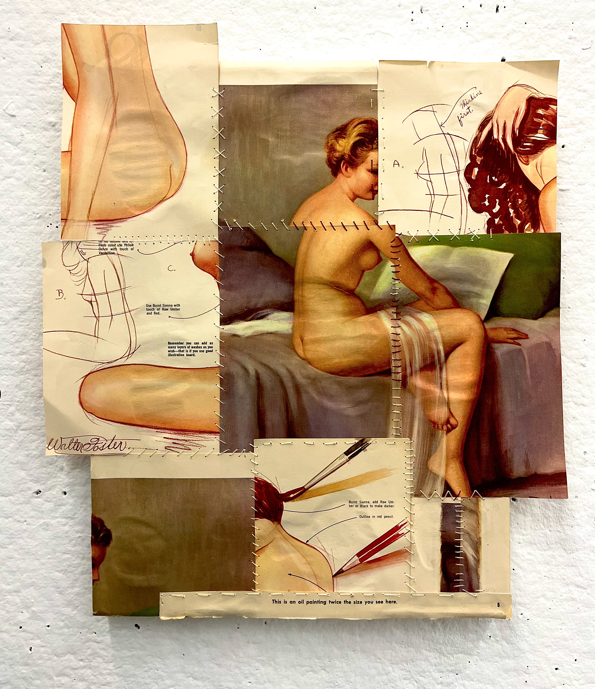 "This is an oil painting twice the size you see here," 12x15 inches. Madelaine Mae Dack. Paper and thread on canvas. 2023.
