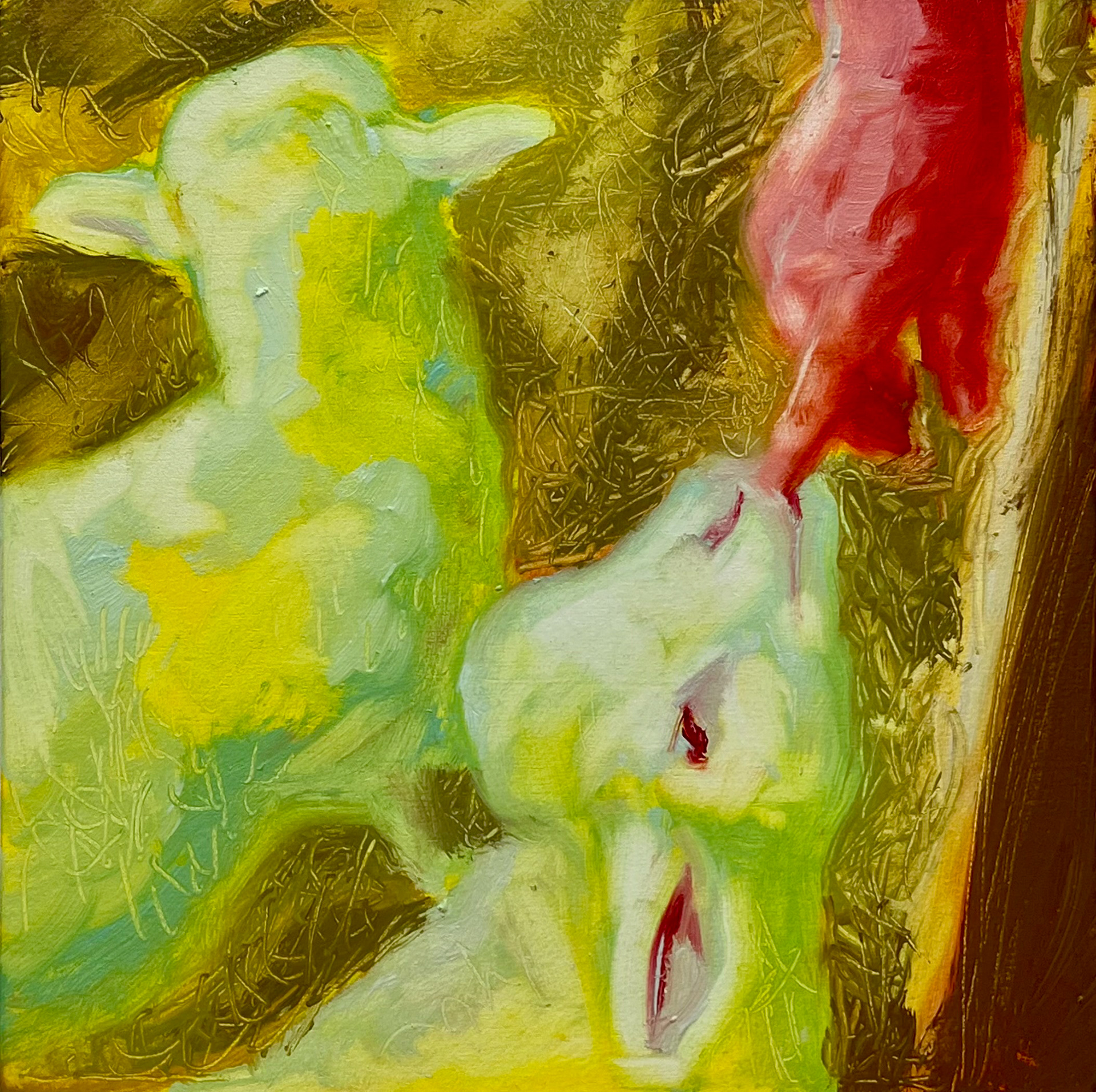 '"less than one," 8x8 inches. Madelaine Mae Dack. Oil on wood panel. 2024.  
