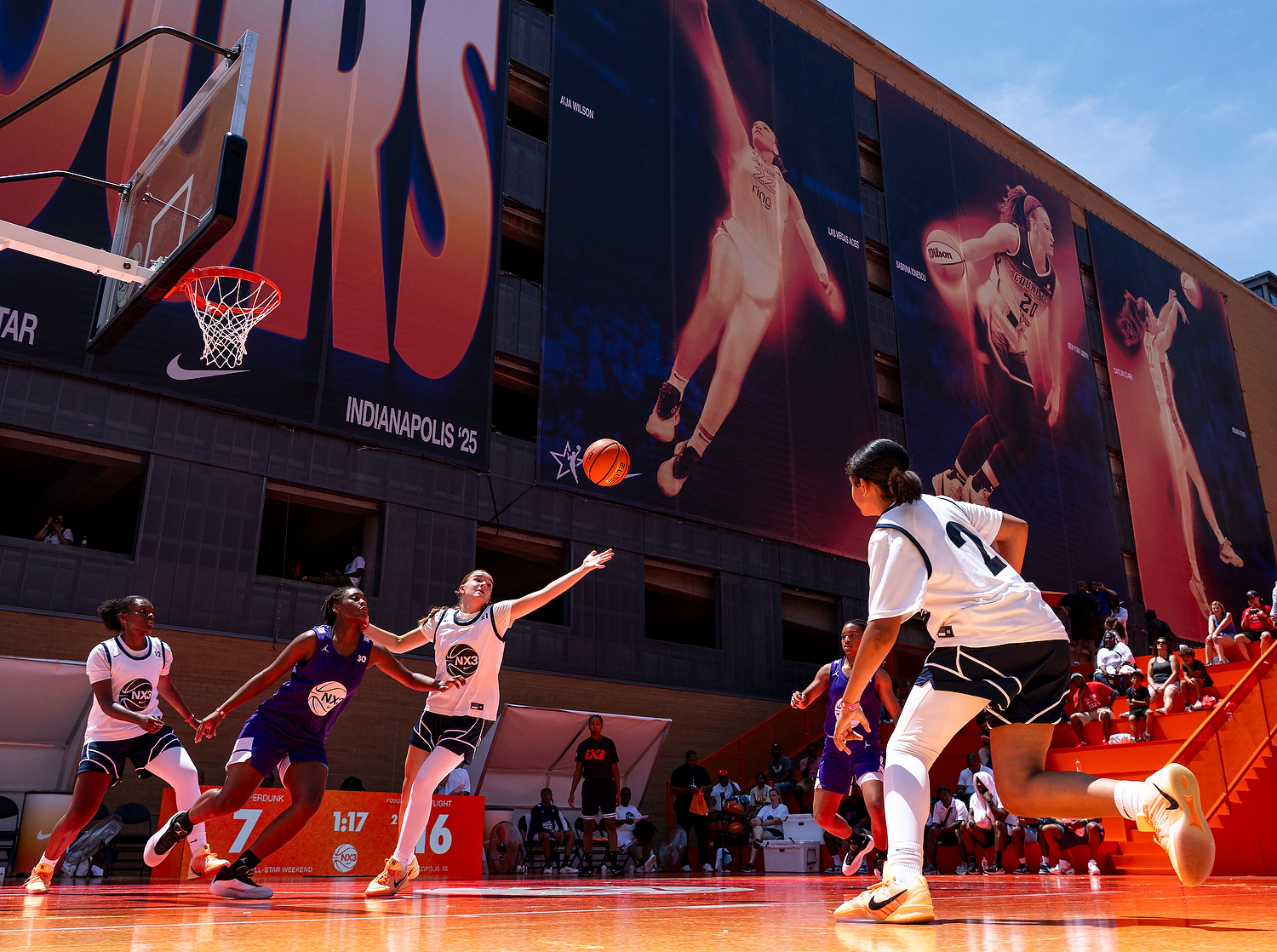 Fans watch as Nike hosts the NX3, the first annual pop-up girl’s 3v3 tournament on Friday, July 18, 2025, during the WNBA All-Star weekend in downtown Indianapolis.
