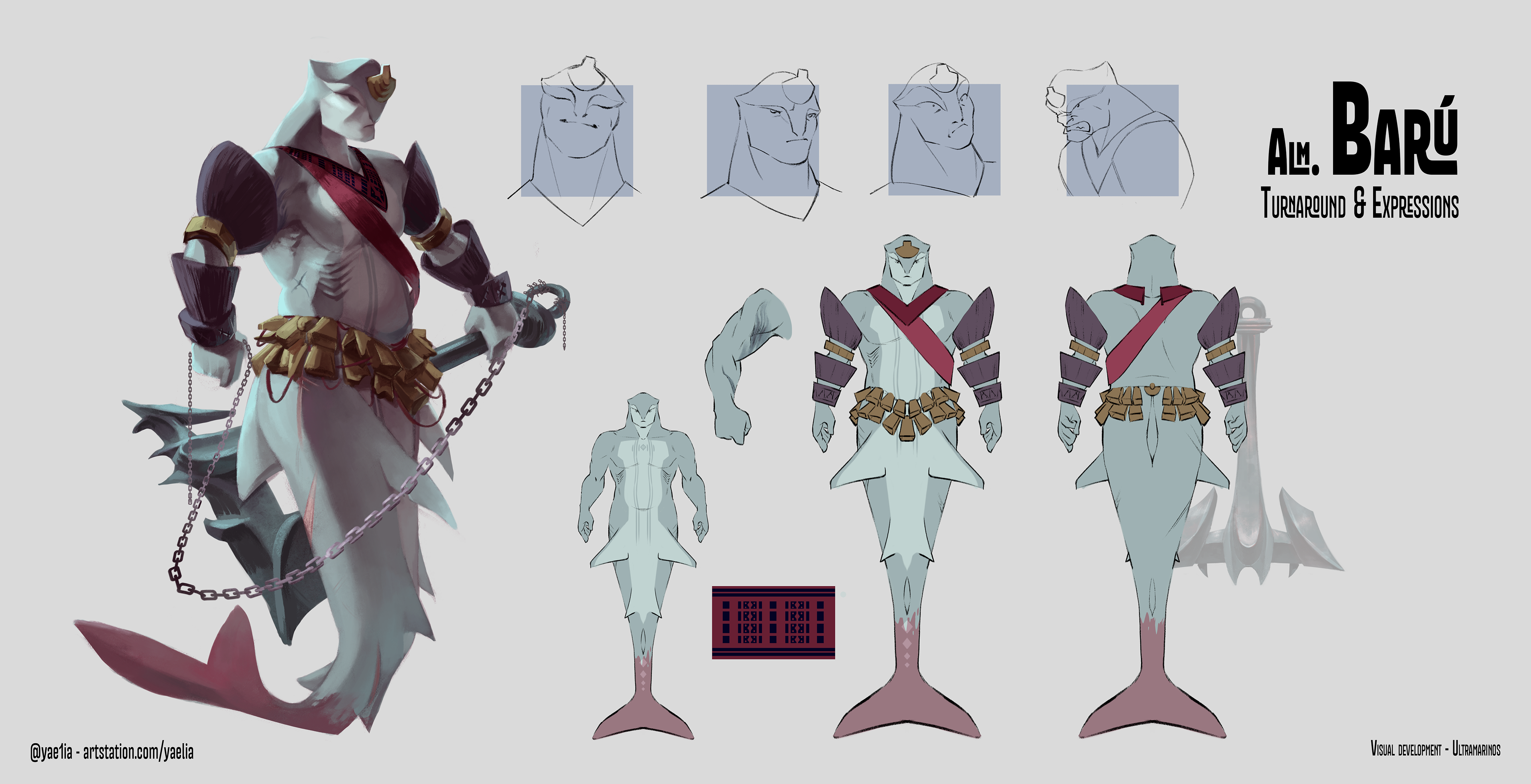 Admiral Barú's strength and dangerous military factor was expressed through the shapes of his clothing and fins, with his personal nature shown by his own blocky forms.