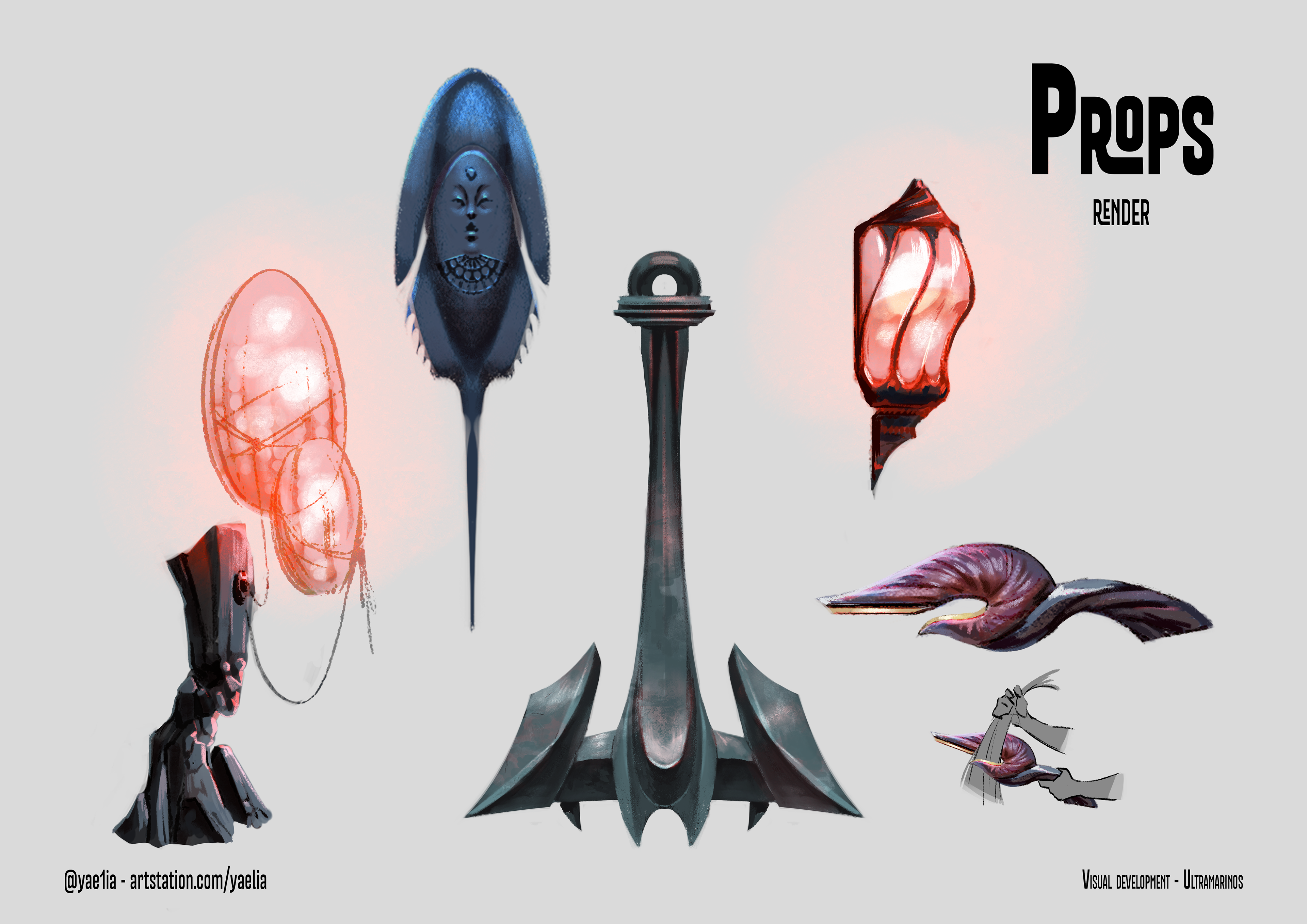 Two street lights, one of Ceycén's shields, Barú's anchor, and an agricultural harvest tool.