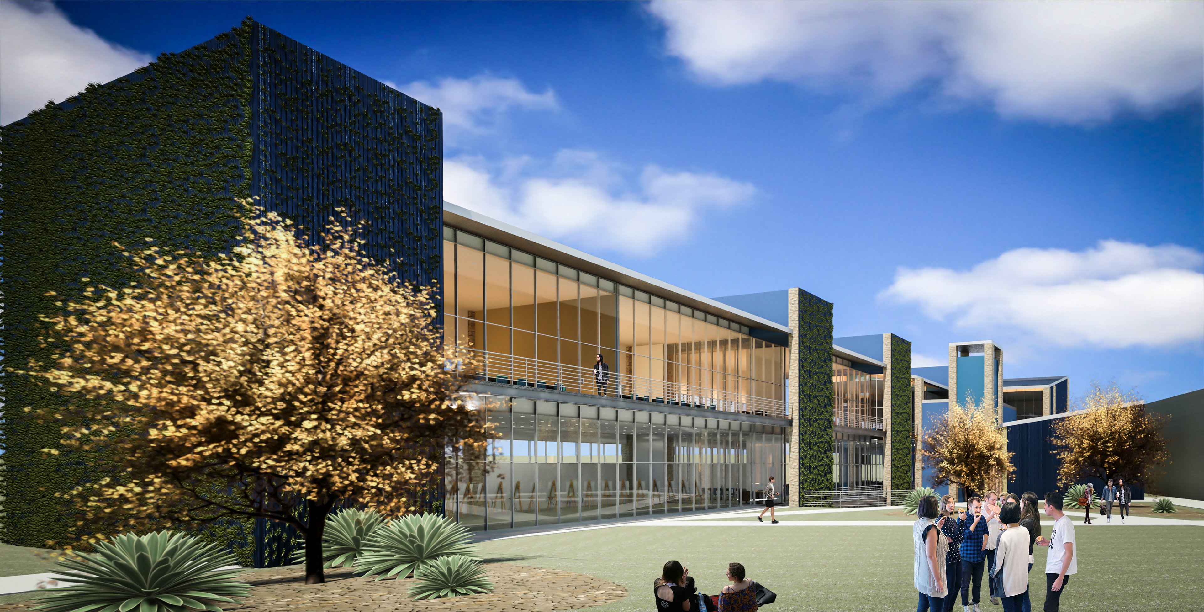 A conceptual rendering of the new sunken classroom building for Desert Christian High School. Rendering and 3D model by Roshelle Stahl [Desert Digismith] under SDG Architecture LLC.