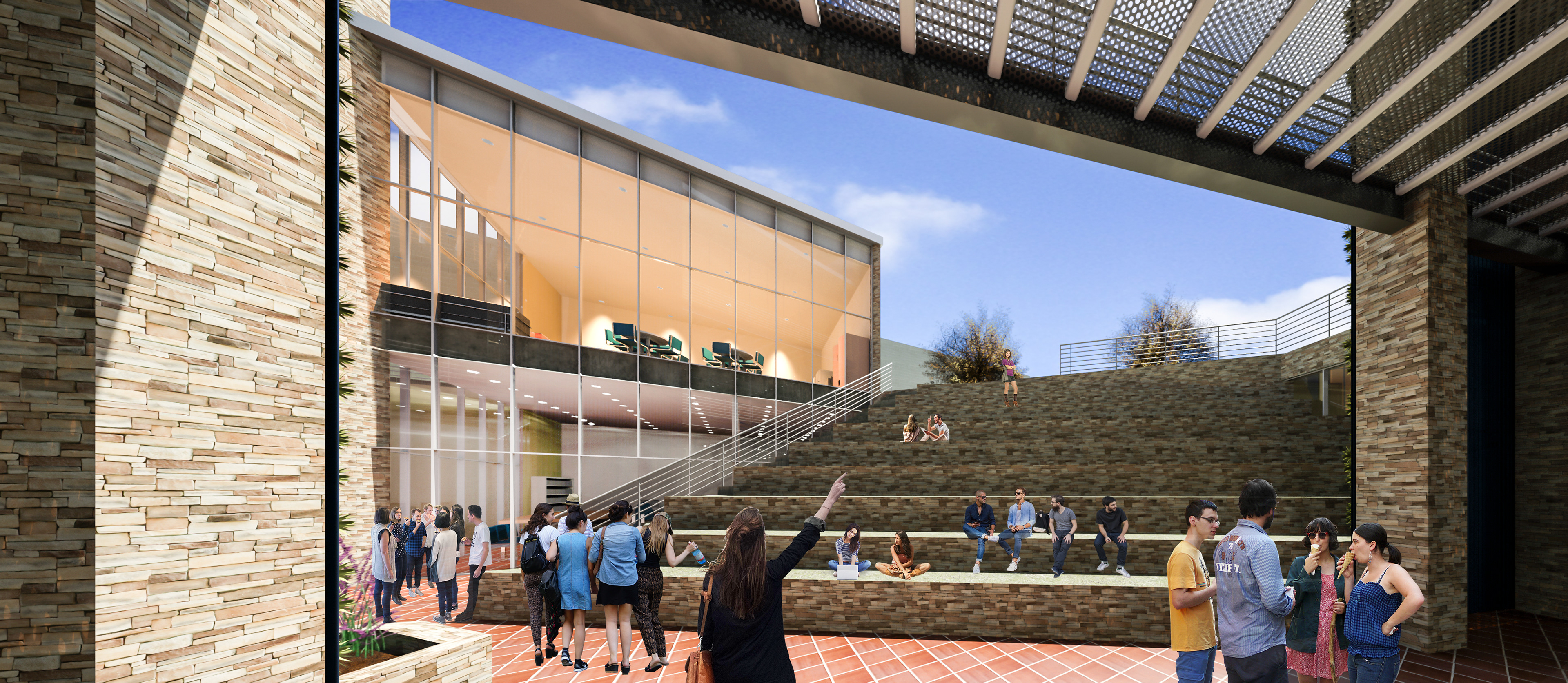 A conceptual rendering of the new sunken courtyard / gathering space for Desert Christian High School. Rendering and 3D model by Roshelle Stahl [Desert Digismith] under SDG Architecture LLC.