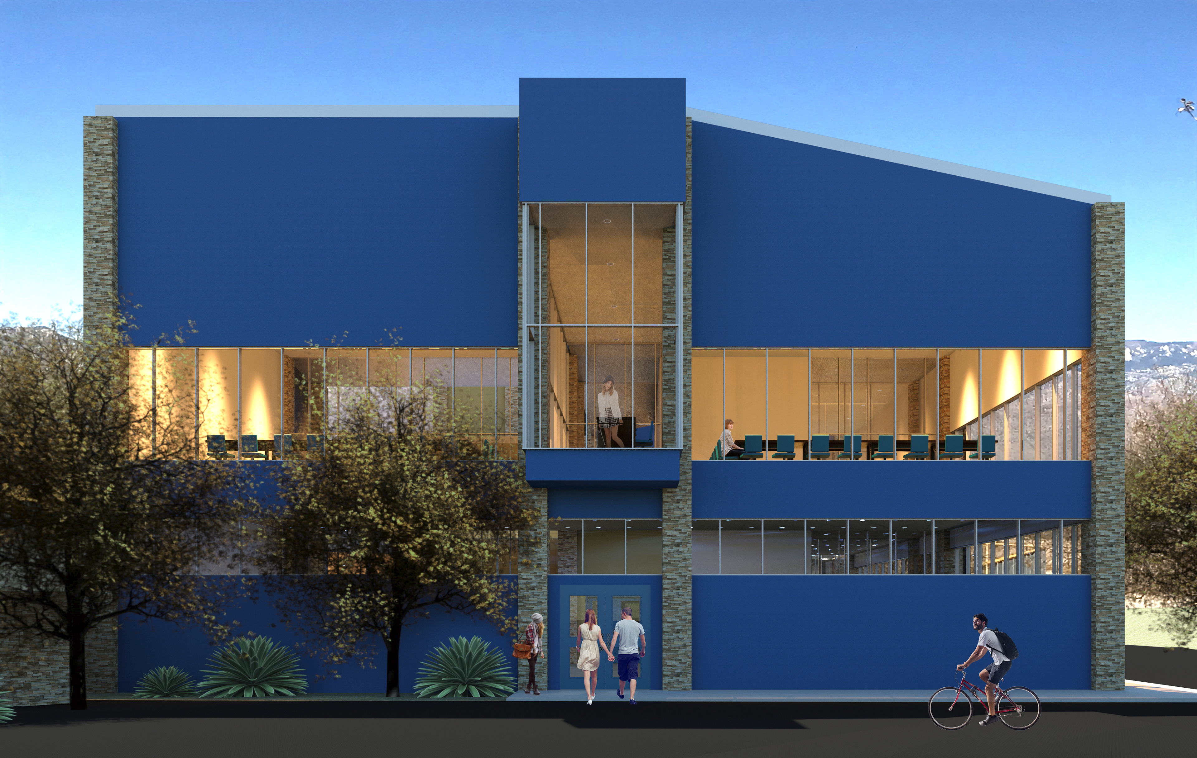 A conceptual rendering of a new administrative and classroom building for Desert Christian High School. Rendering and 3D model by Roshelle Stahl [Desert Digismith] under SDG Architecture LLC.