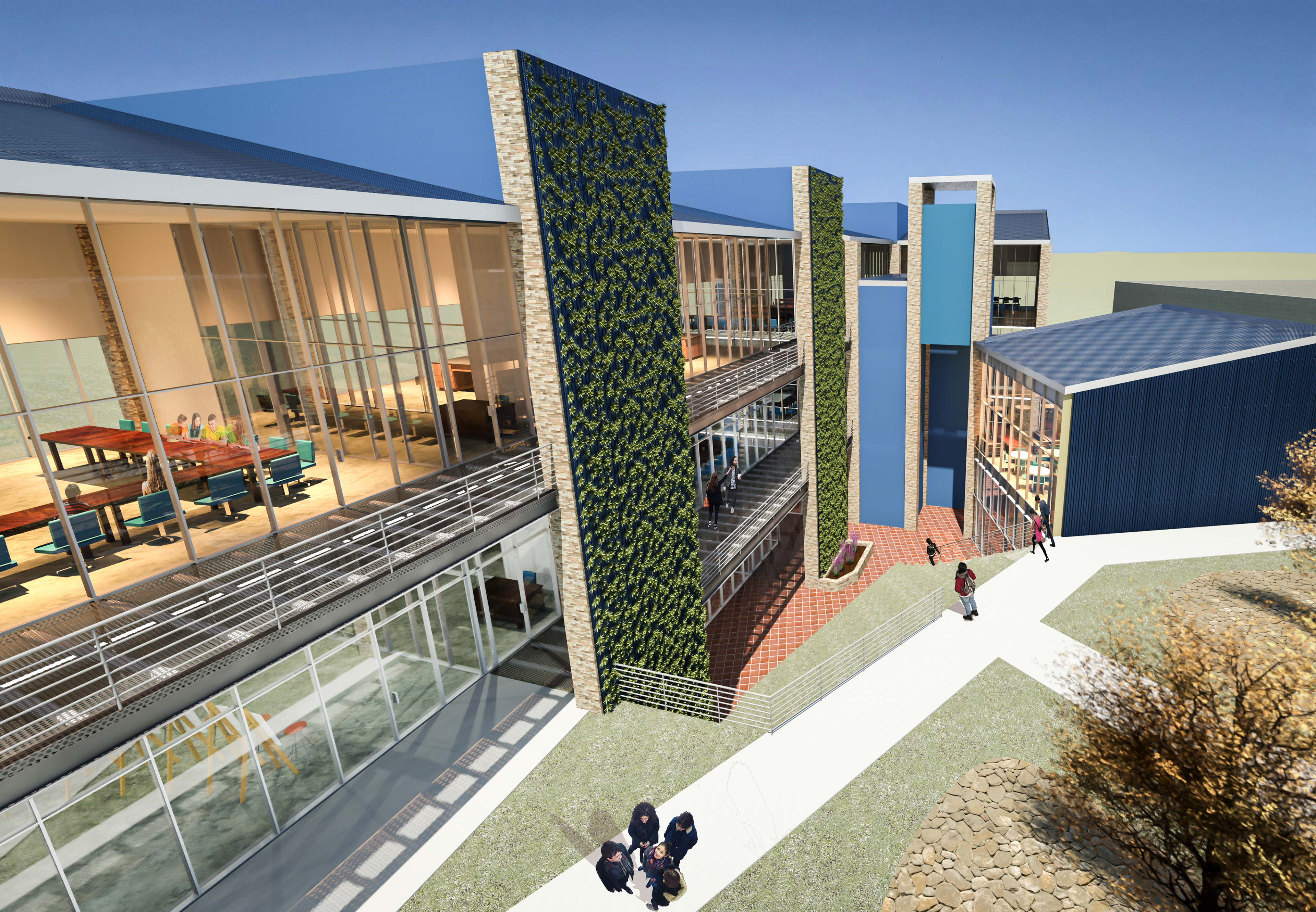 A conceptual rendering of the new sunken classroom building for Desert Christian High School. Rendering and 3D model by Roshelle Stahl [Desert Digismith] under SDG Architecture LLC.