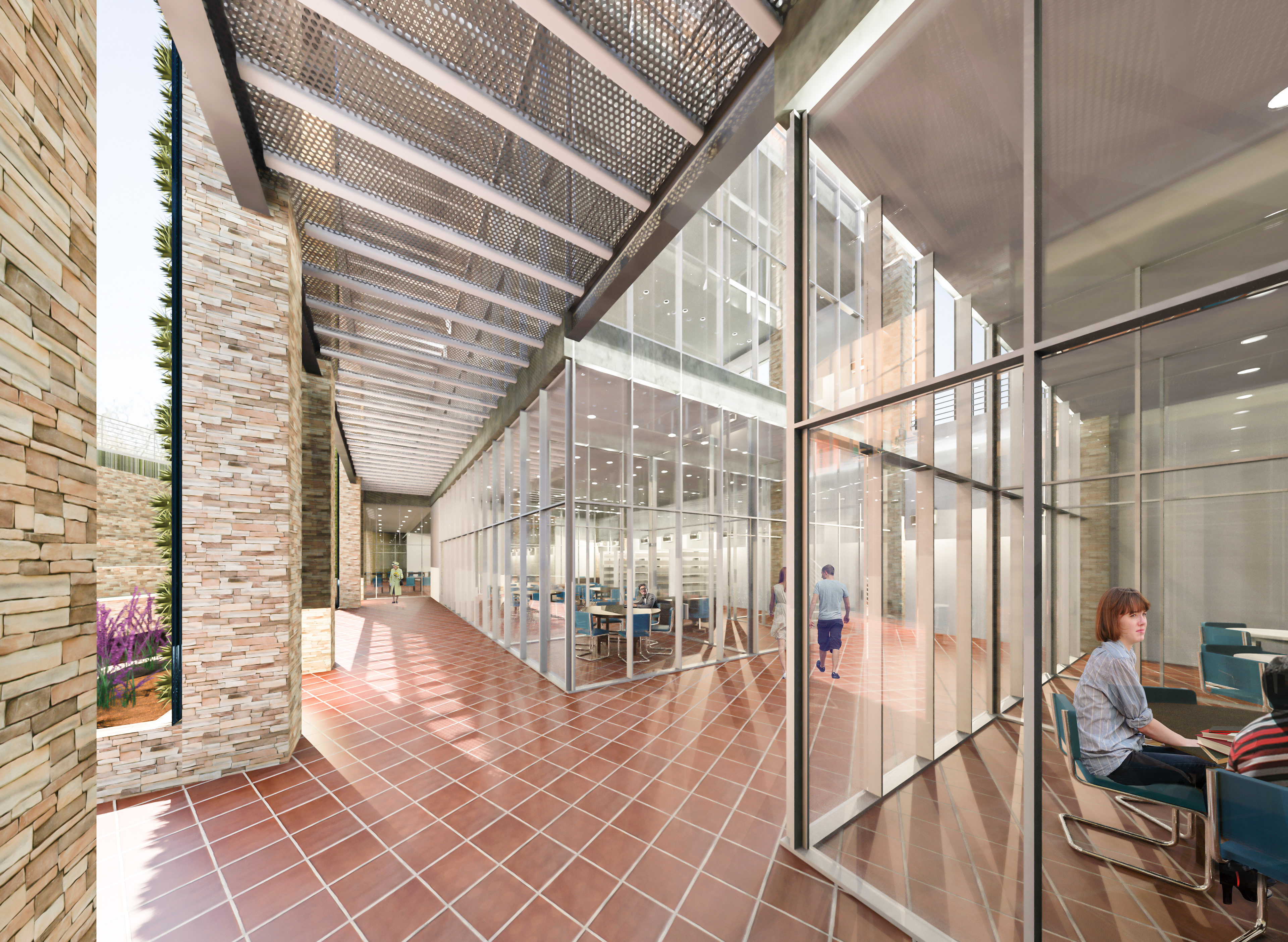 A conceptual rendering of the new library for Desert Christian High School. Rendering and 3D model by Roshelle Stahl [Desert Digismith] under SDG Architecture LLC.