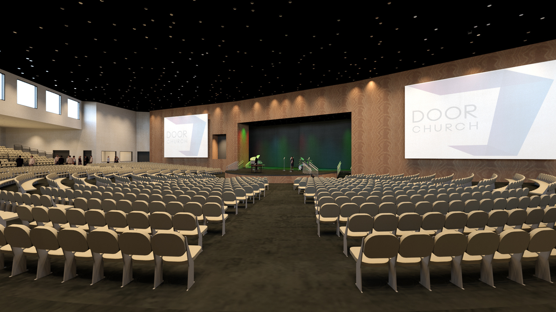 A conceptual rendering of the interior of a new sanctuary for Door Church. Rendering and 3D model by Roshelle Stahl [Desert Digismith] under SDG Architecture LLC.