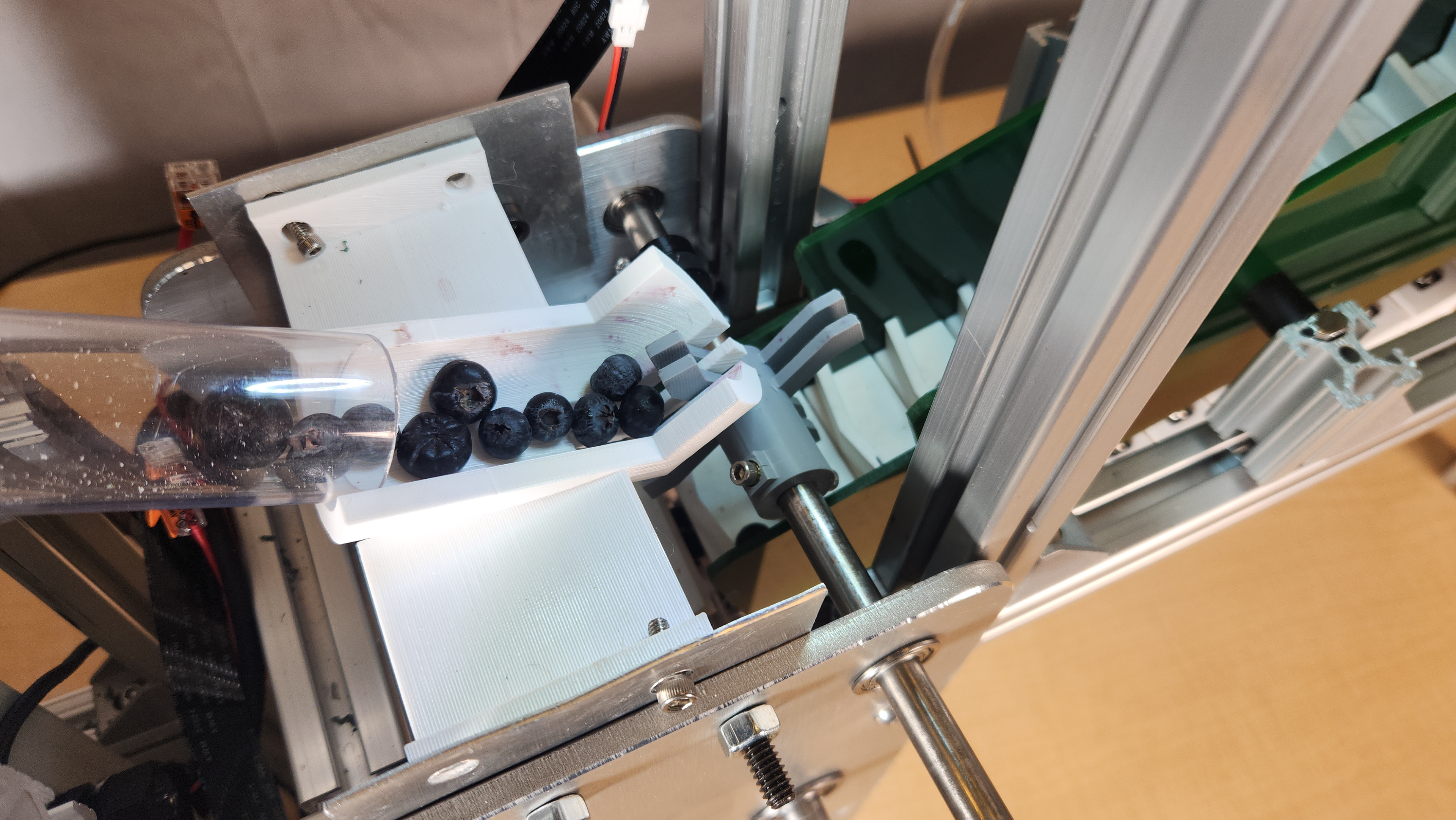 Scooping mechanism to transfer blueberries from ramp to conveyor