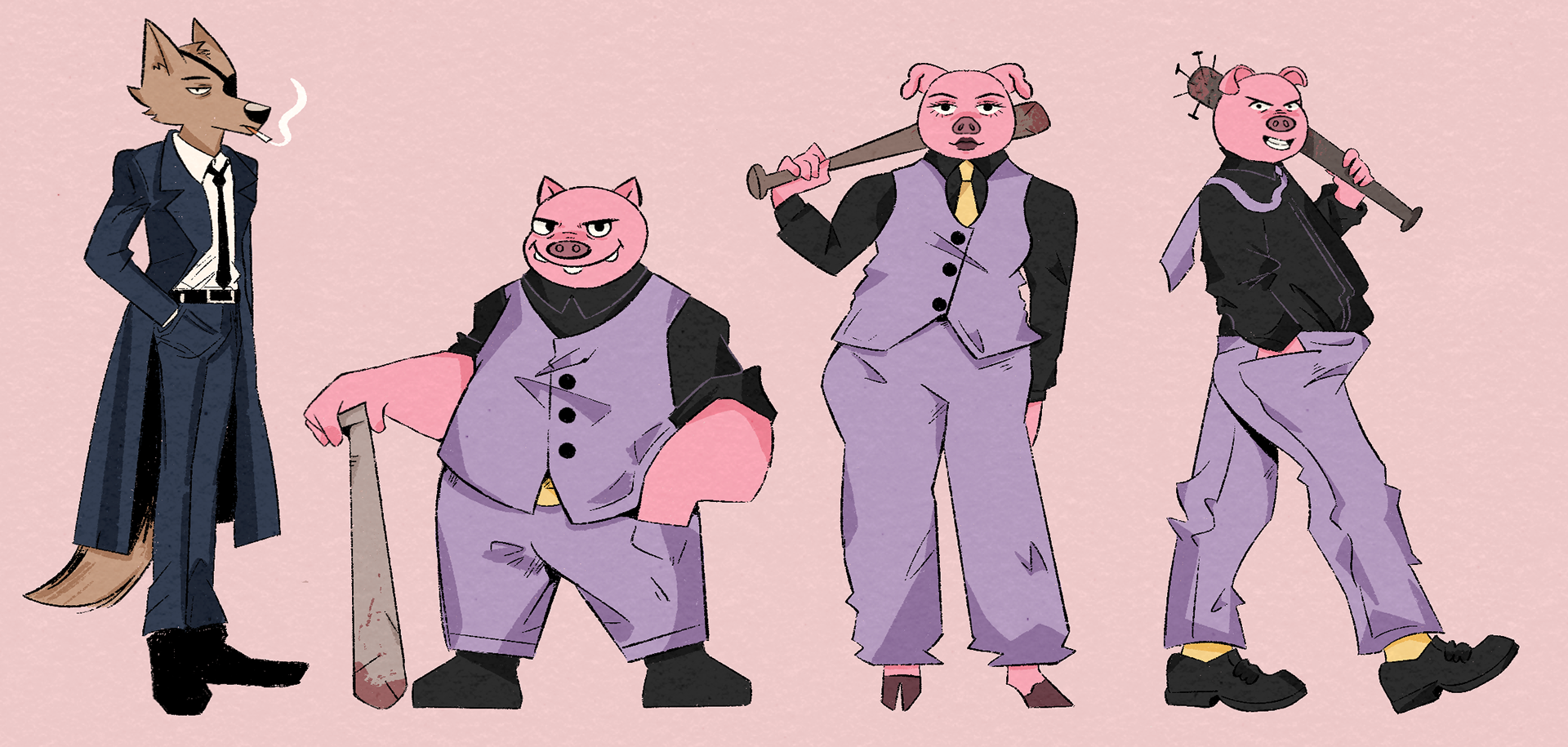 My version of the three pigs and wolf from the fable "The Three Little Pigs"