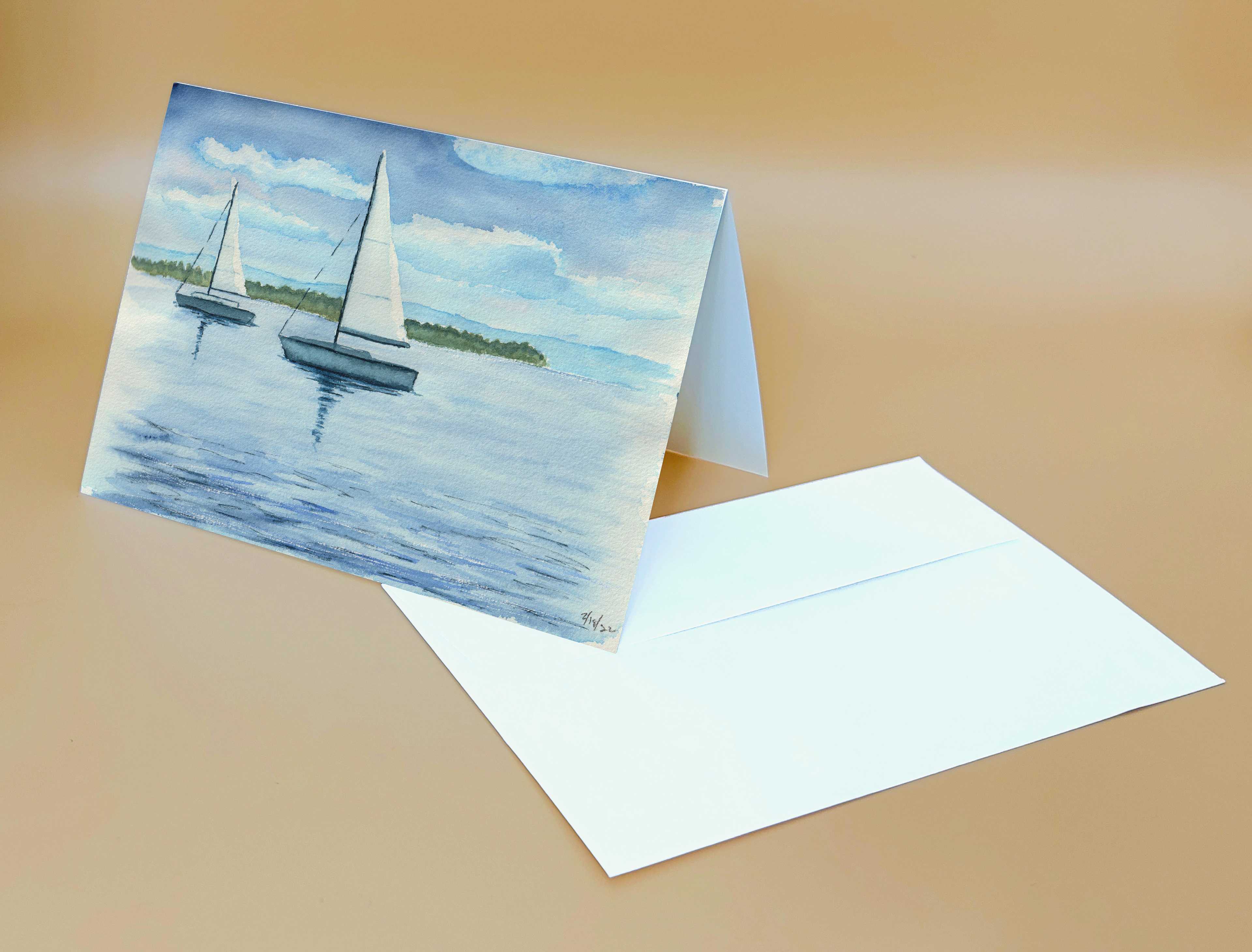 Two sailboats on the Hudson. Reproduction watercolor card