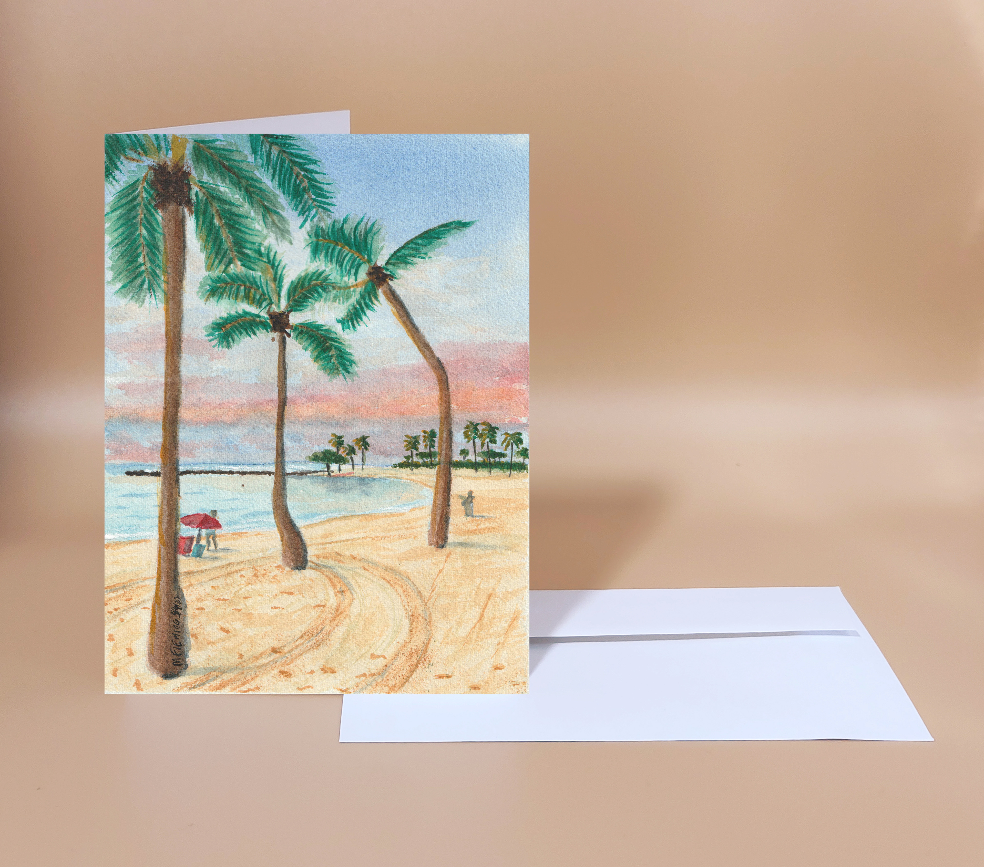 Kahanamoku Beach, Oahu. Reproduction watercolor card
