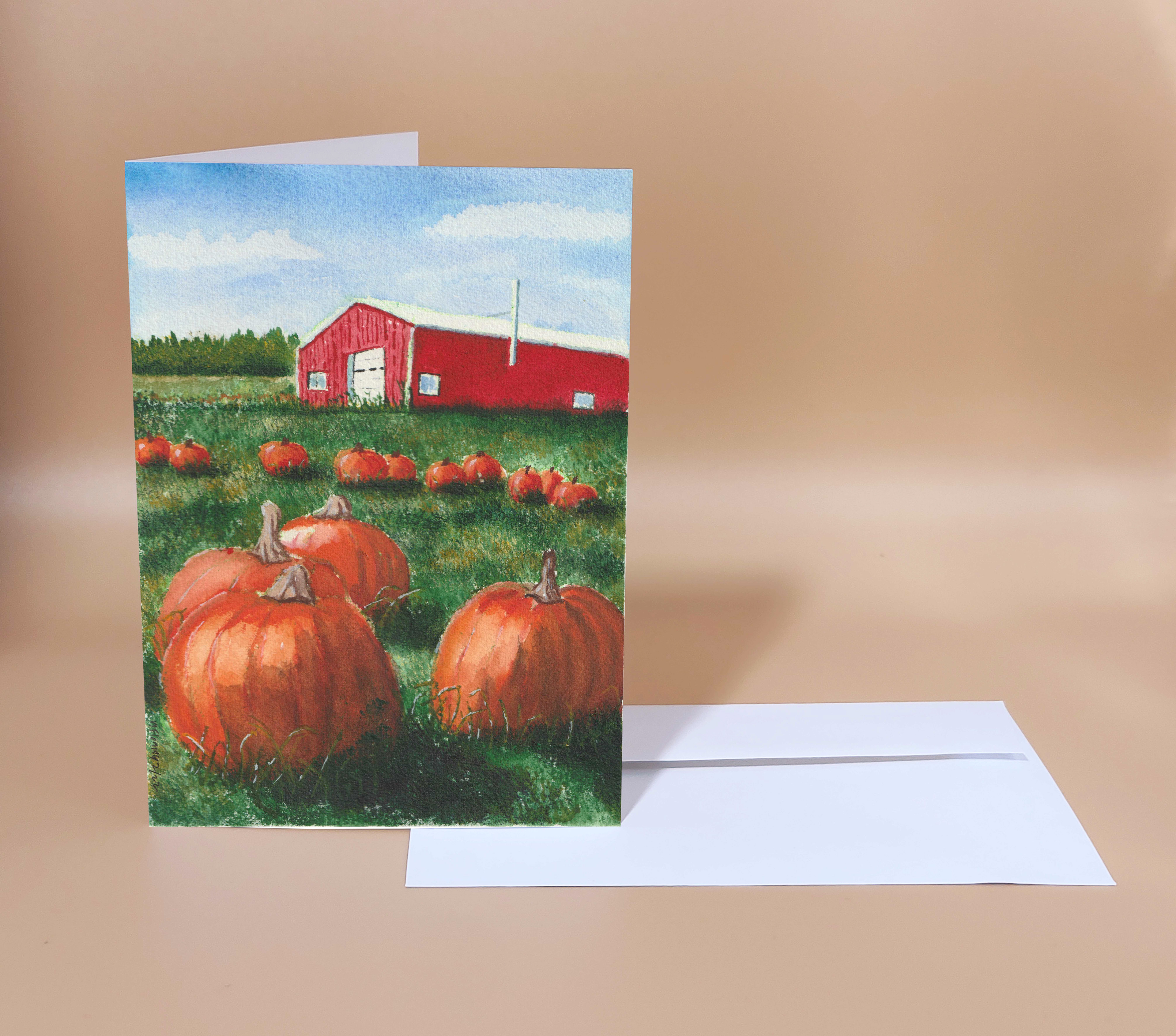 Upstate NY pumpkin picking. Reproduction watercolor card
