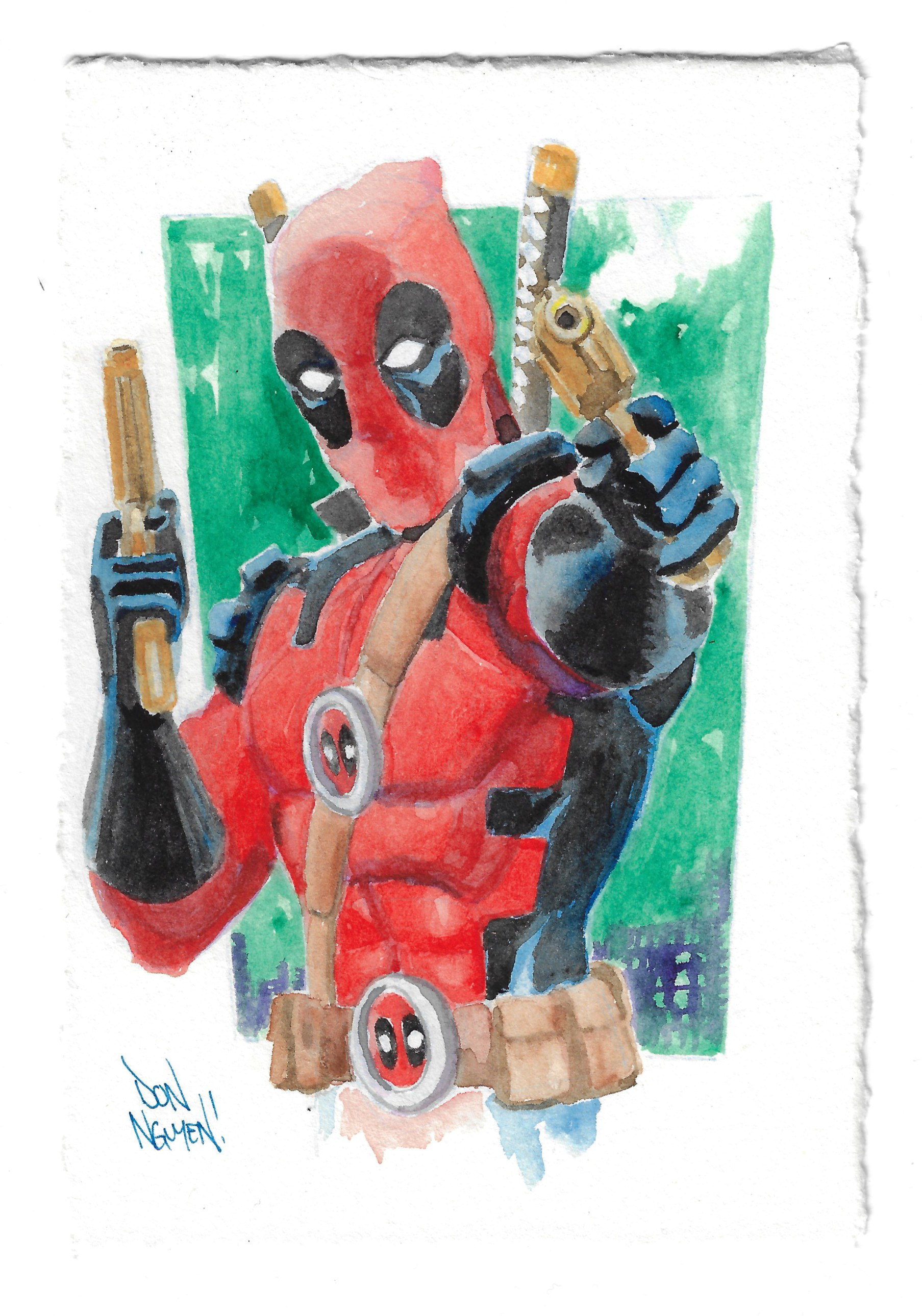 4" x 6" Deadpool. watercolor on deckled cotton