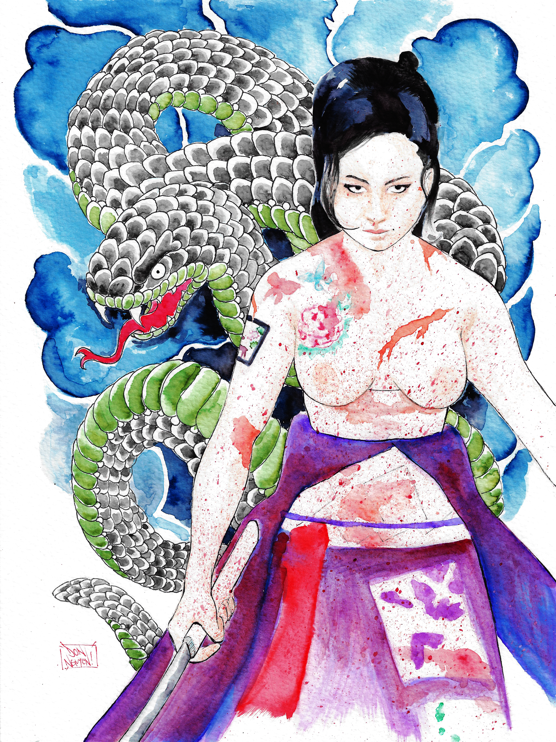 Ocho. 9"x12" Sex & Fury watercolor for Hive Gallery