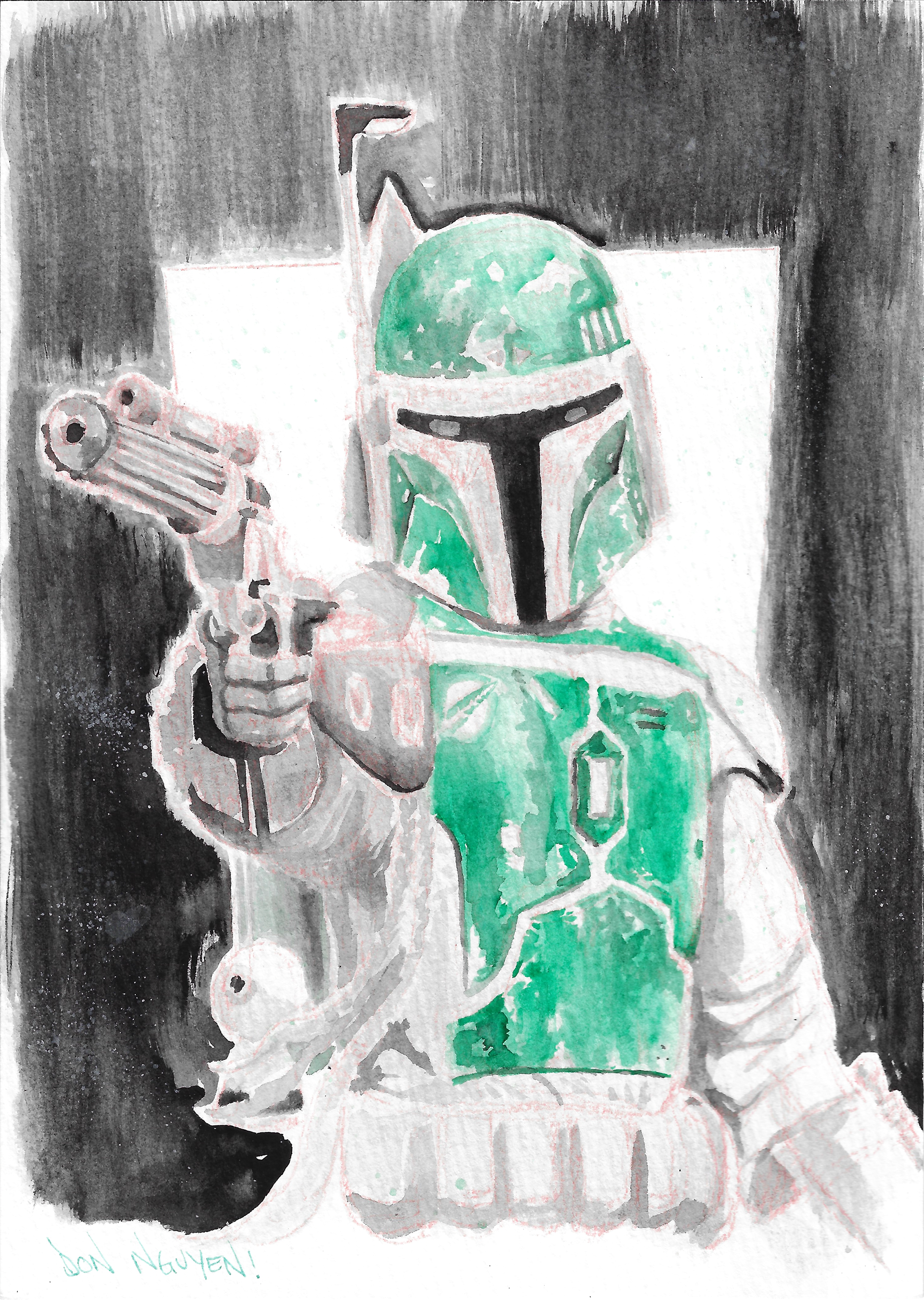 Monochromatic Boba Fett Commission, 5"x7" watercolor