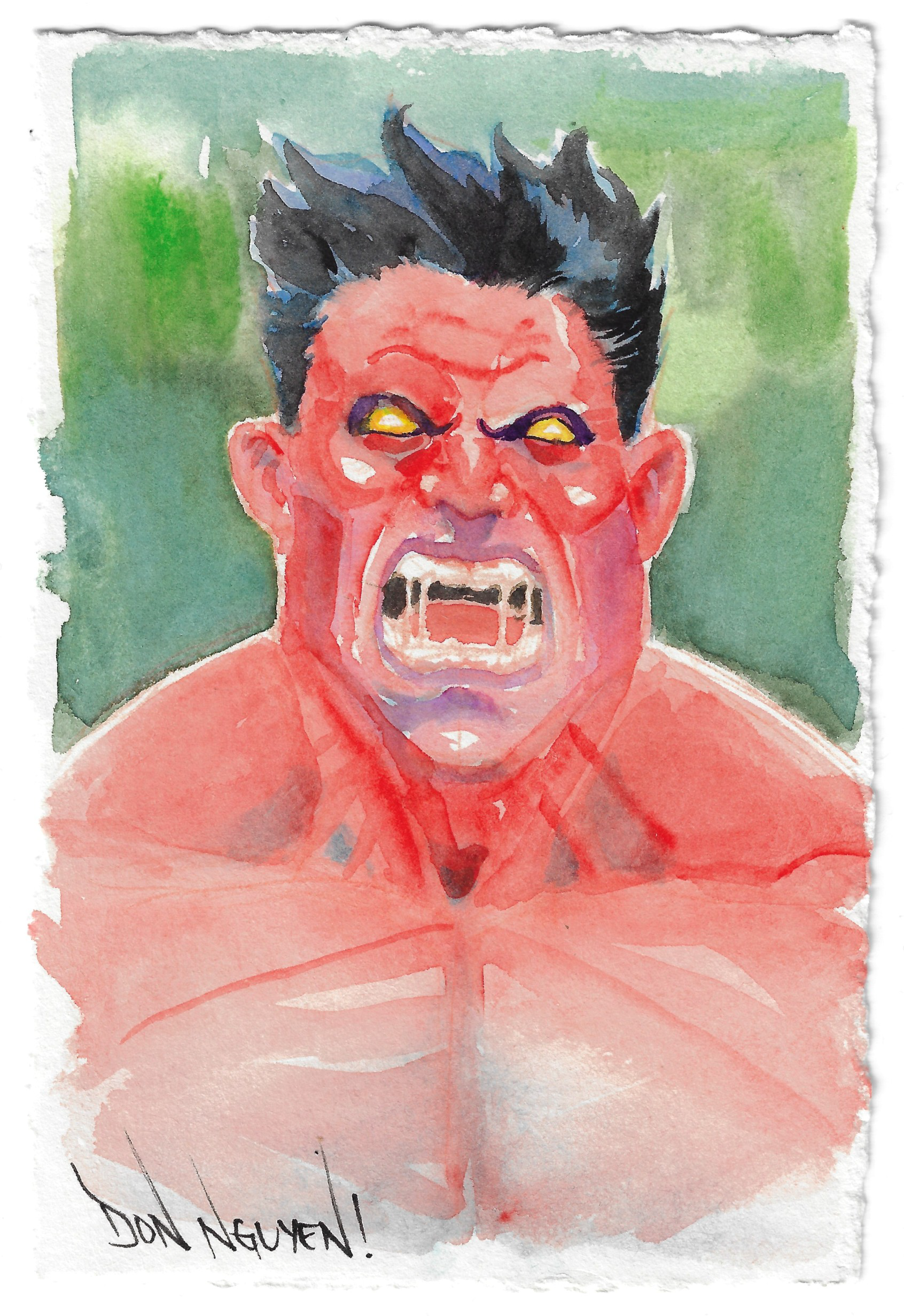 4" x 6" Red Hulk. Watercolor on deckled cotto
