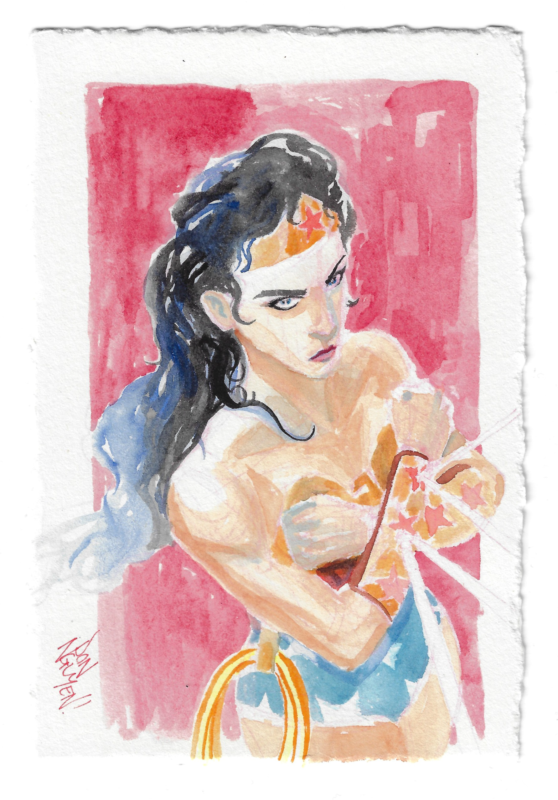 4" x 6" Wonder Woman. watercolor on deckled cotton