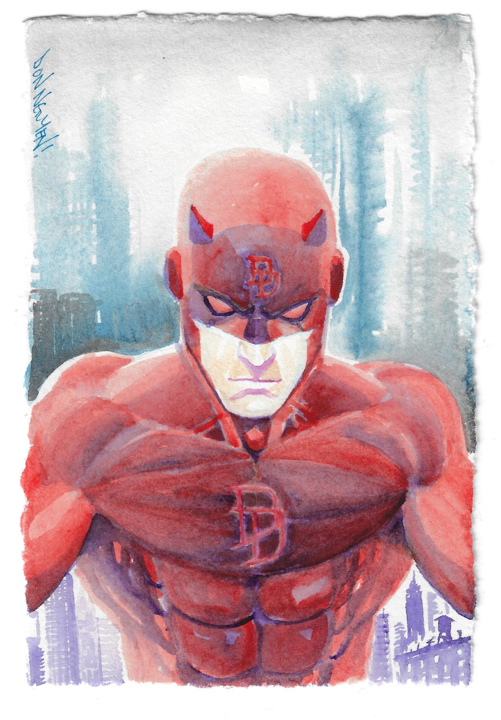 4" x 6" Daredevil. watercolor on deckled cotton