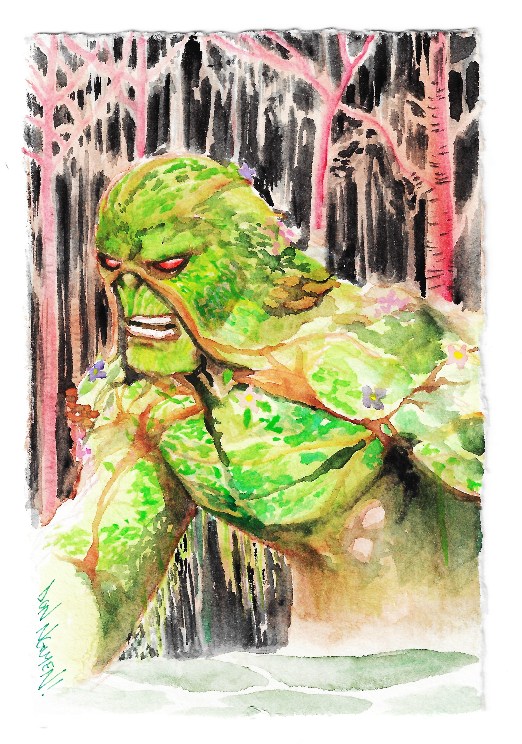 4" x 6" Swamp Thing. watercolor on deckled cotton