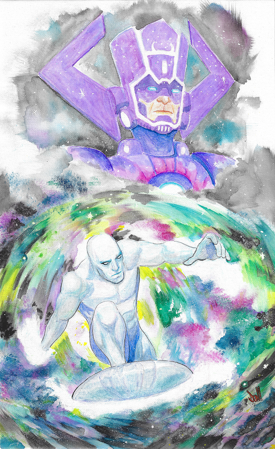 Original art of Silver Surfer & Galactus