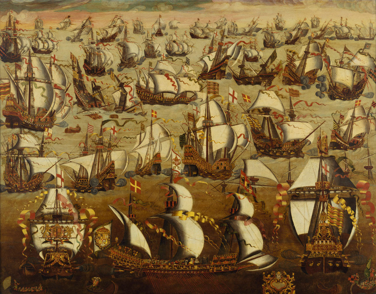 English Ships and the Spanish Armada, August 1588 (C16th) oil on panel, 112 x 143.5 cm. NMM
