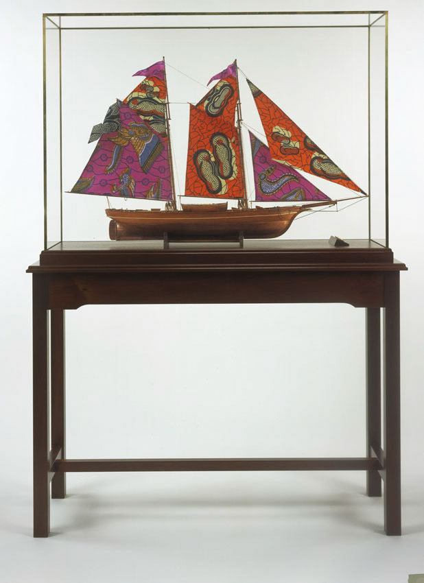 Yinka Shonibare, Wanderer (2007) Wooden model with wax printed cotton sails in glass and wood vitrine (starboard)