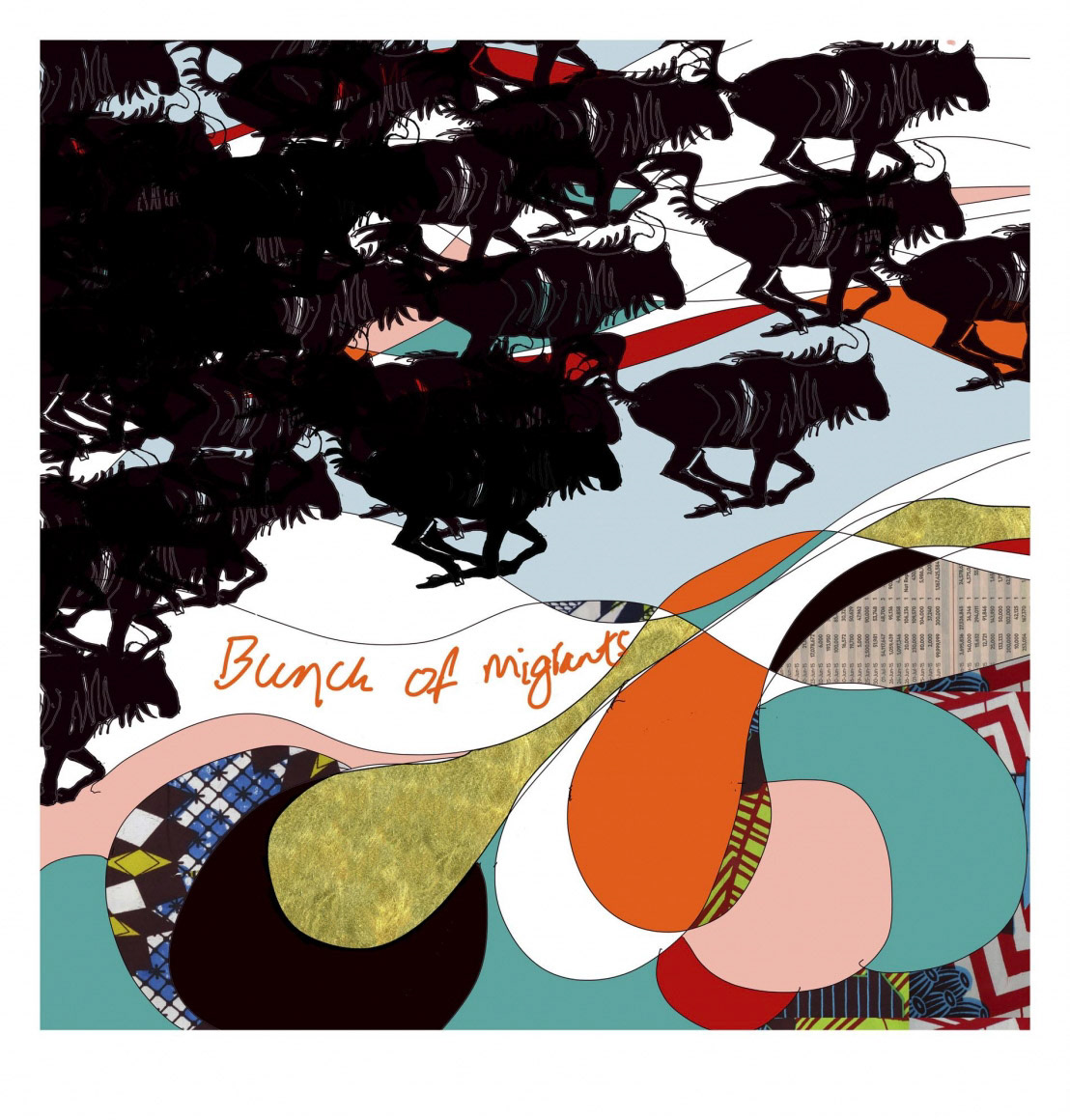 Yinka Shonibare, Bunch of Migrants (2016) screenprint with gold leaf