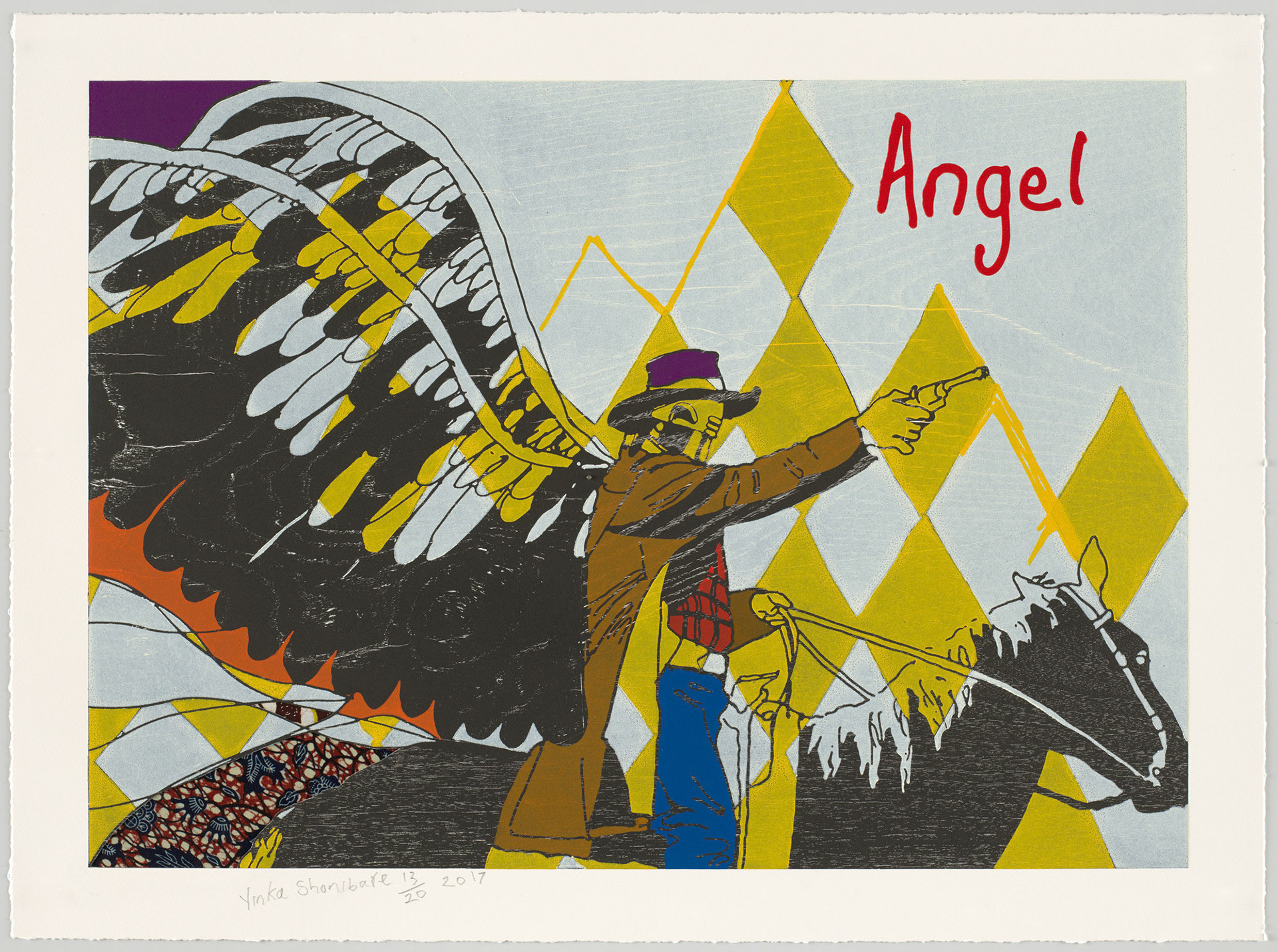 Yinka Shonibare, Cowboy Angels V (2017) woodcut and collage