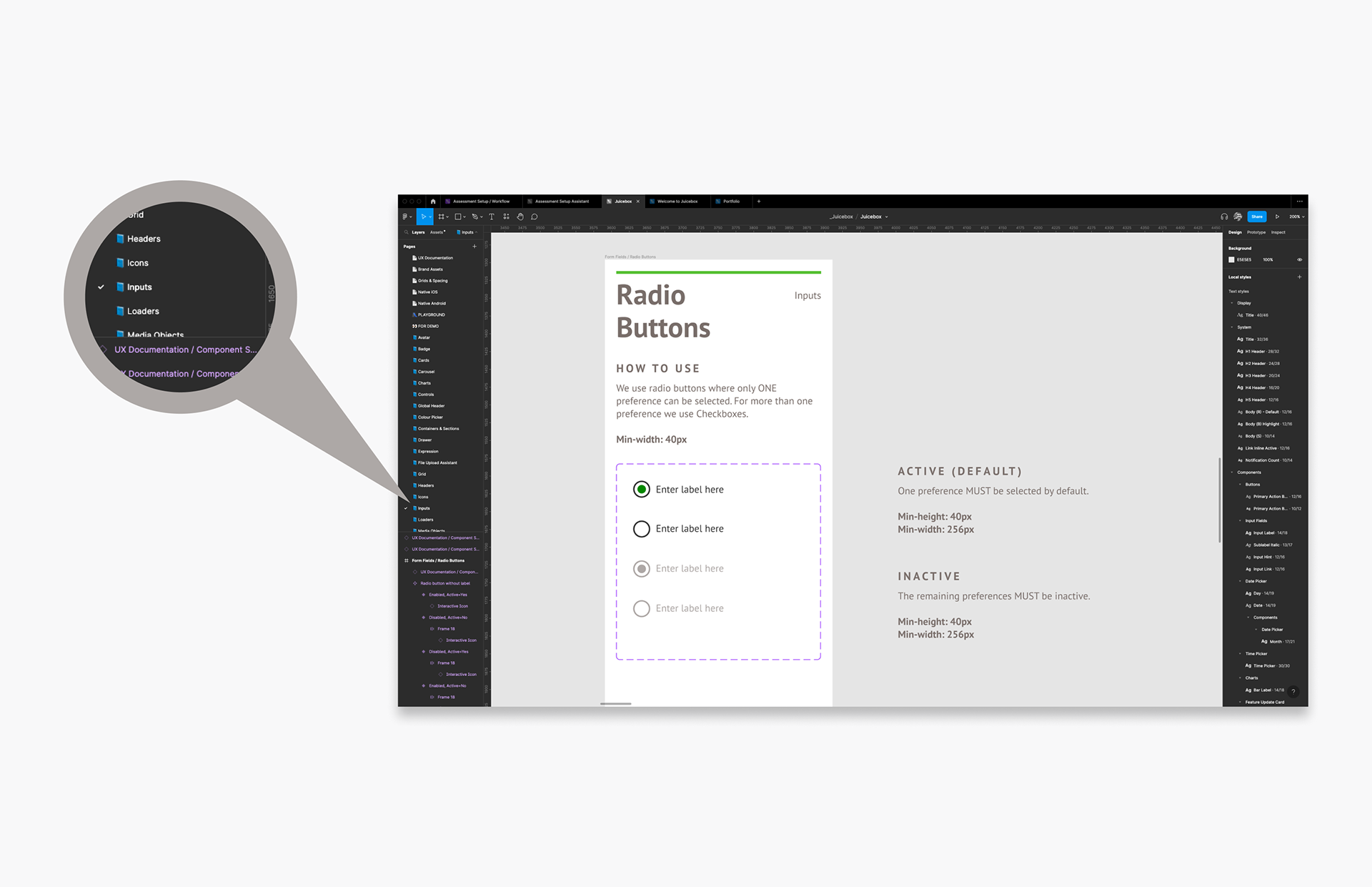 Component elements of the design system in alphabetical order