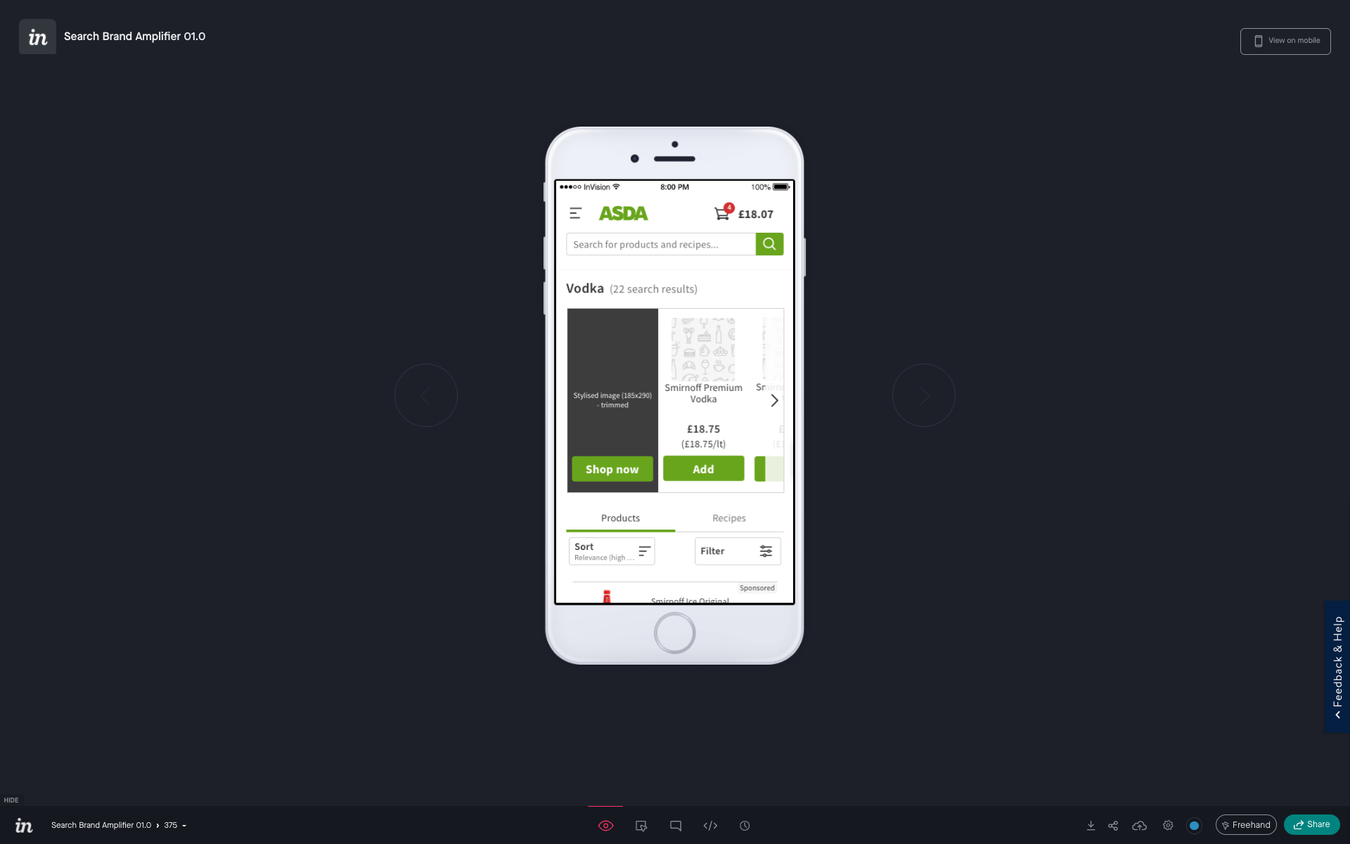 Screen grab of the prototype in InVision