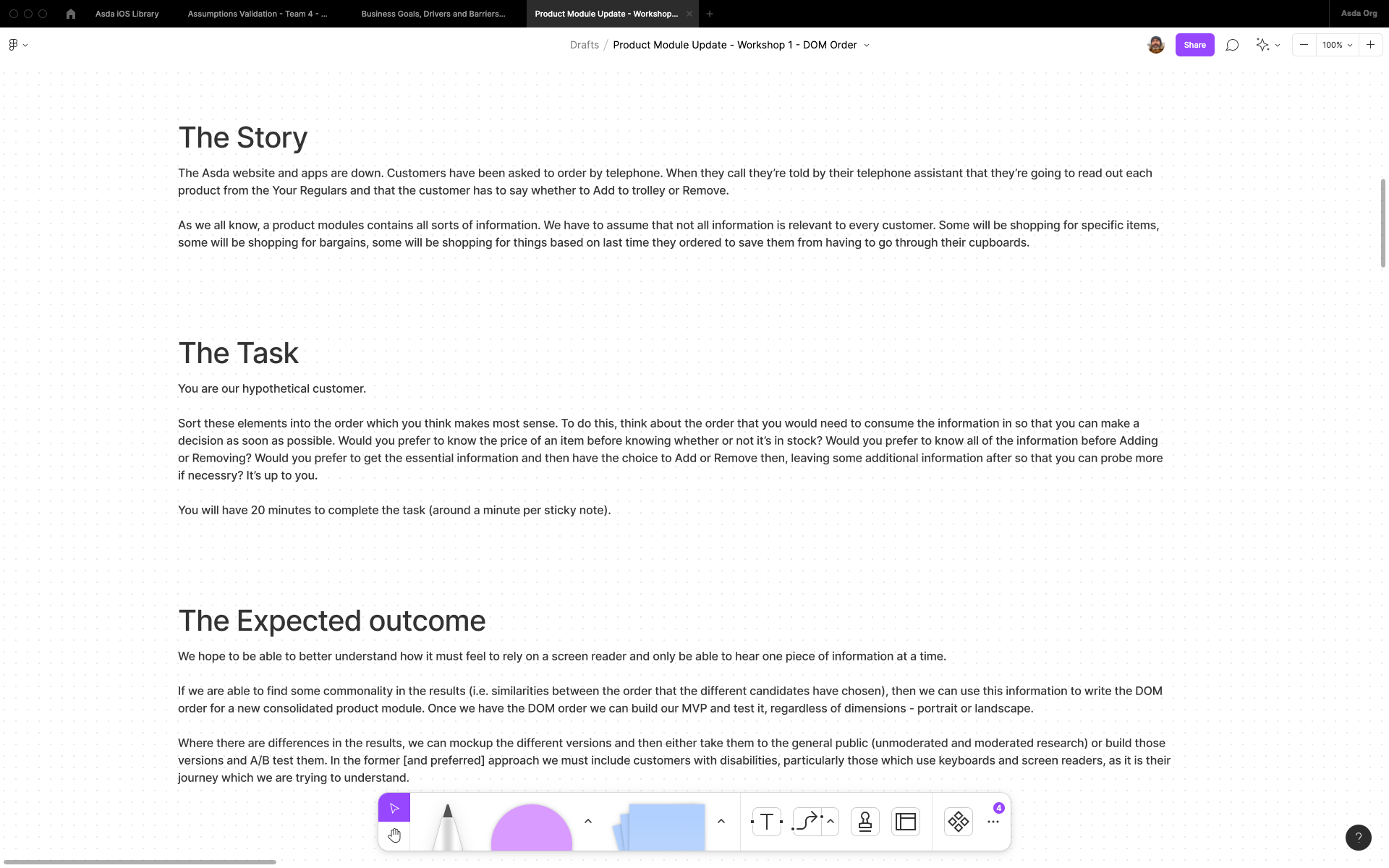 Workshop story, task and expected outcome in Figjam