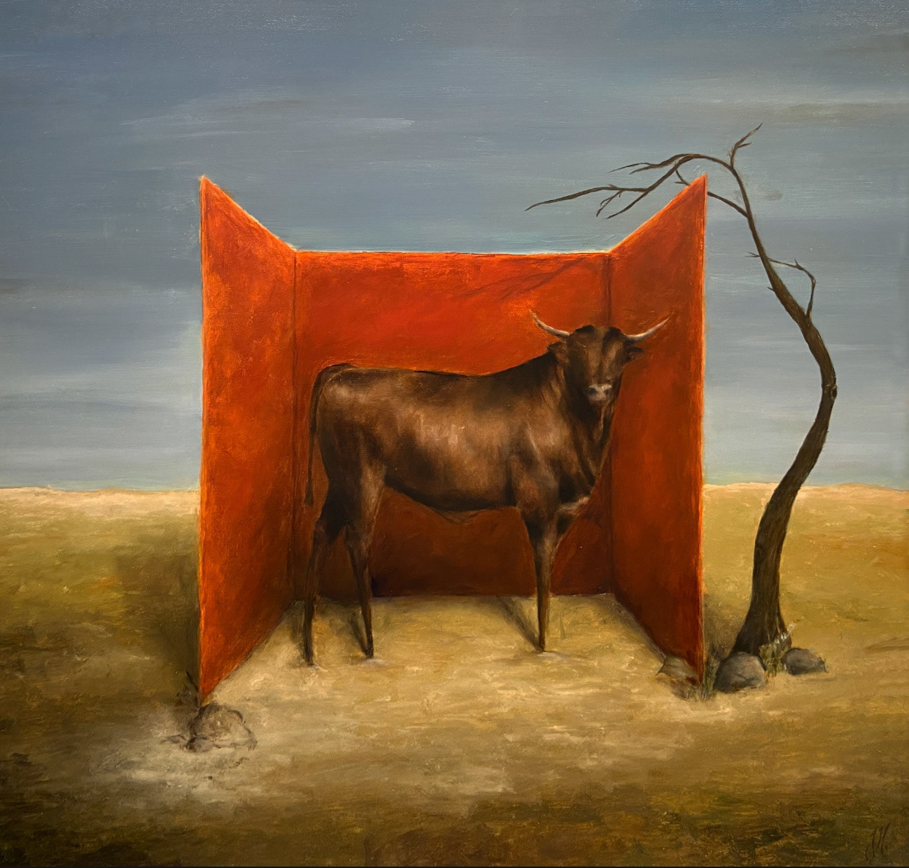 Framed Bull, 2022, oil on panel, 49 x 72.5 cm, Julia Heijligers