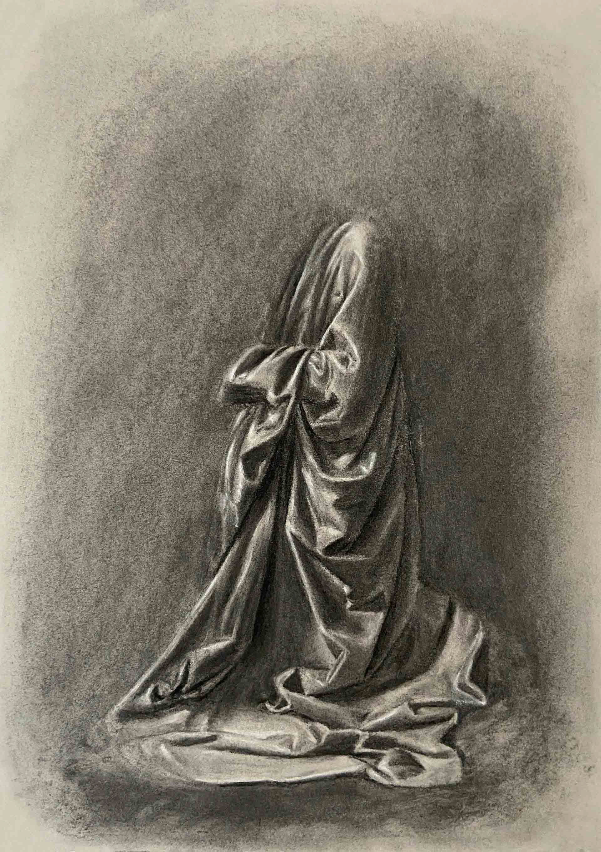 "De Drapering" naar Da Vinci, houtskool op papier, 2025