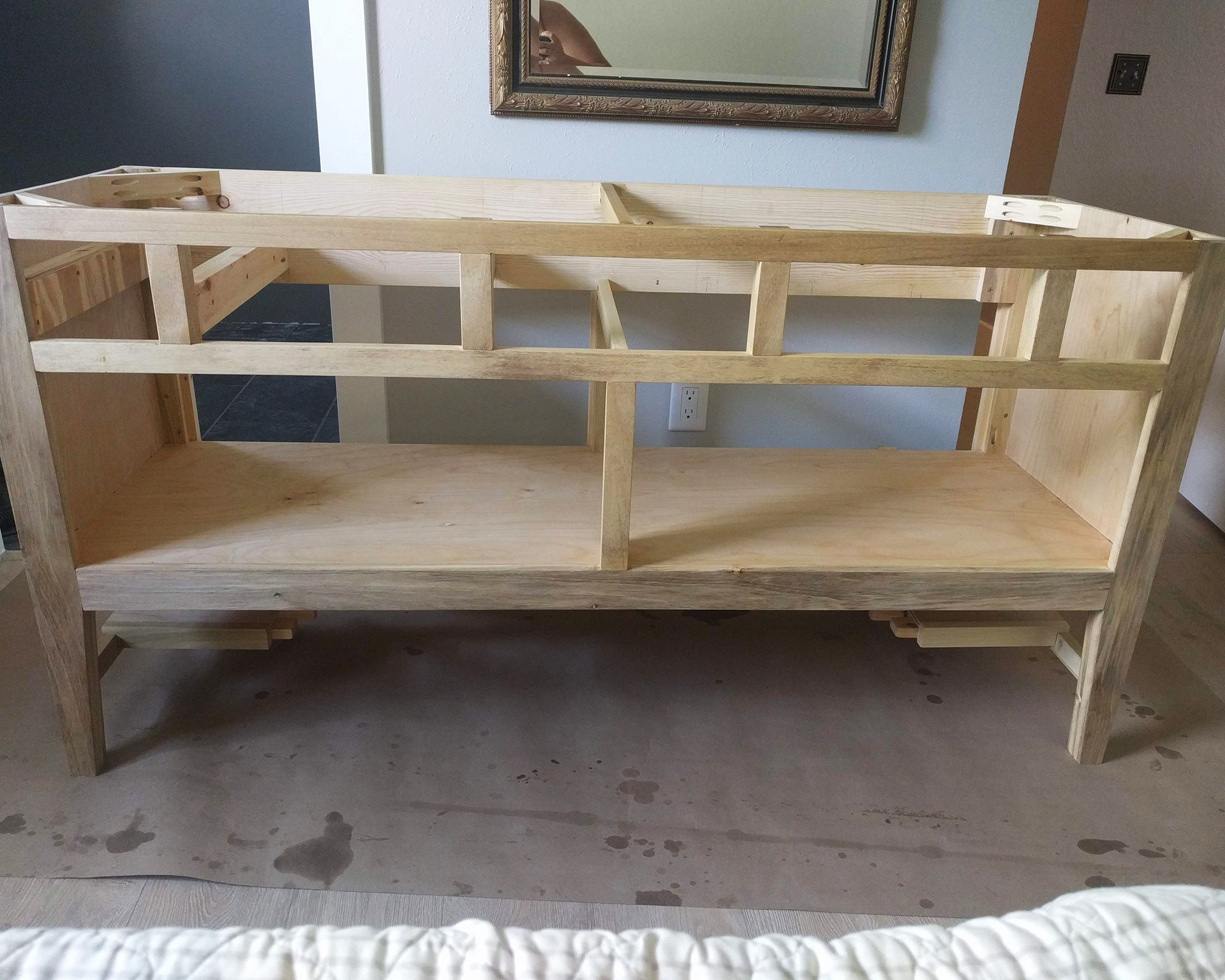 Assembled vanity pre-staining.