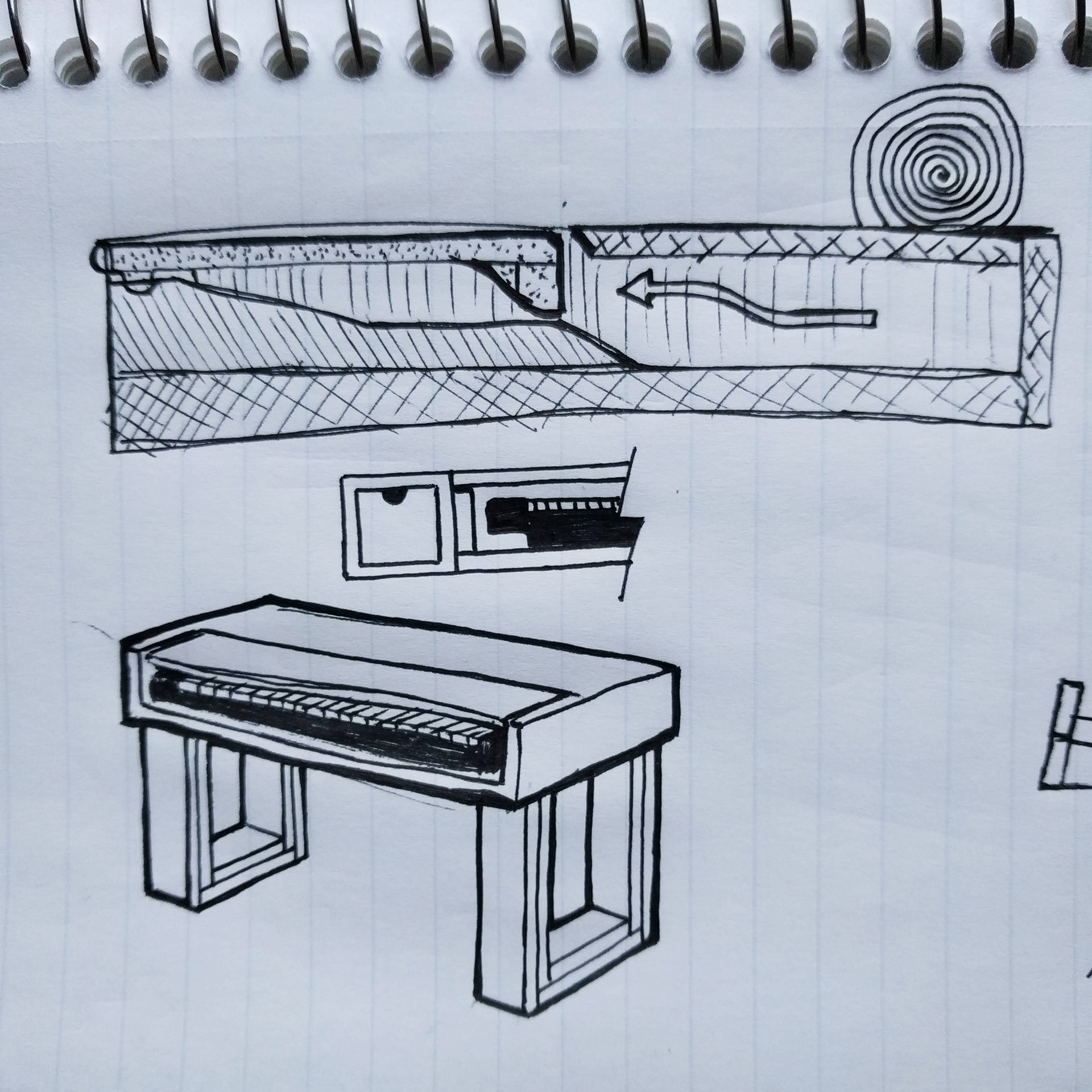 Early design sketch before deciding to go with a fold out music stand.