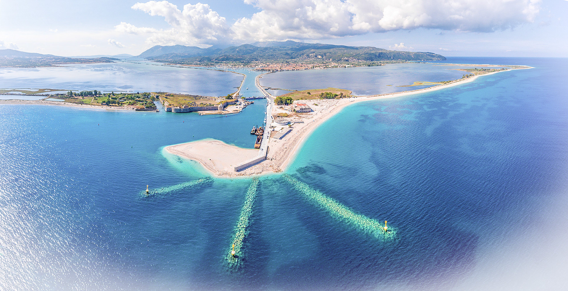 Panoramic view over Lefkada Island and harbour entrance at the floating swing bridge