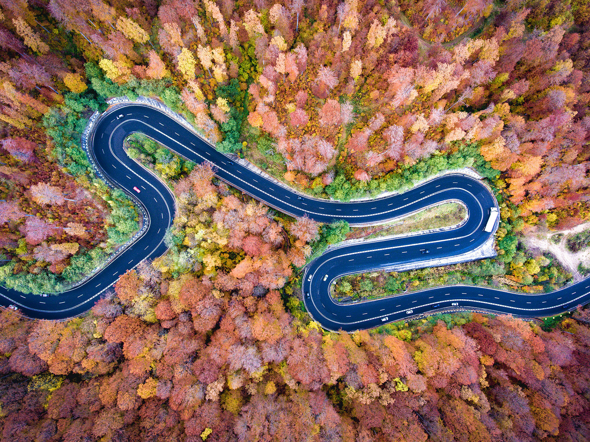 Curved road trough the forest. Hi mountain pass in Transylvania, Romania. Aerial view from a drone.