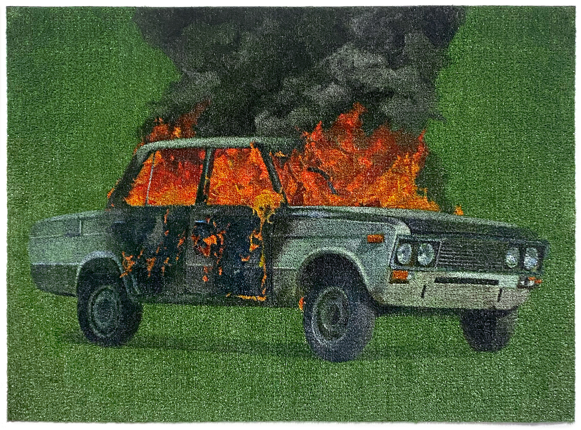 Burnout #3, 2023. Oil on synthetic turf, 135 x 185 cm. Available.