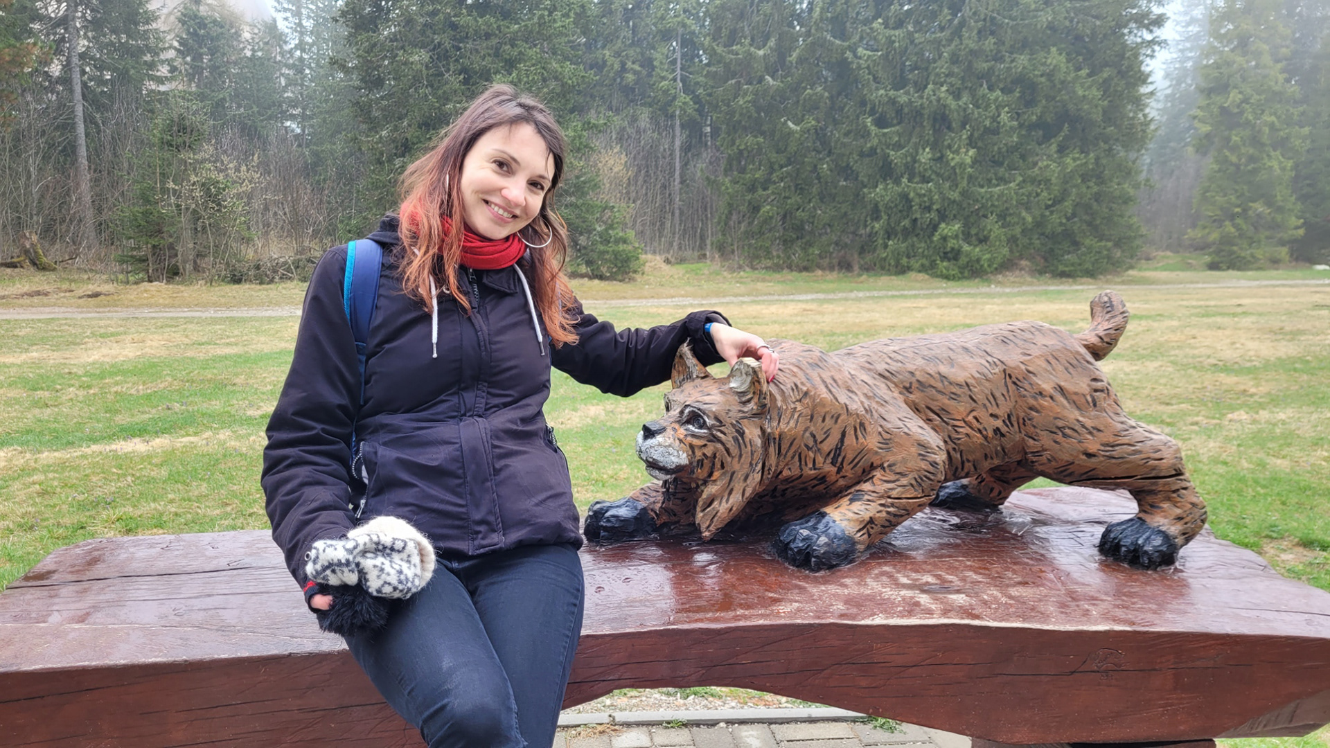 Meeting a "local cat". A Eurasian lynx wooden statue. The High Tatras, Slovakia, May 2025.