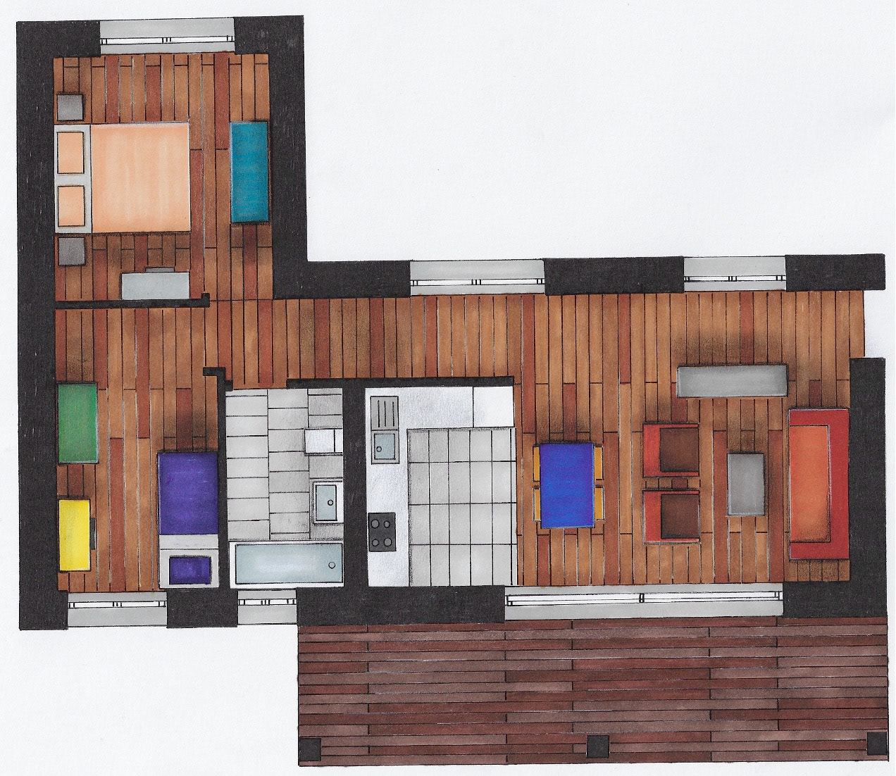Sheila Farouk: interior of a residence nestled in the mountains. Plan rendering using markers, soft pastels, pencils, and white pen.