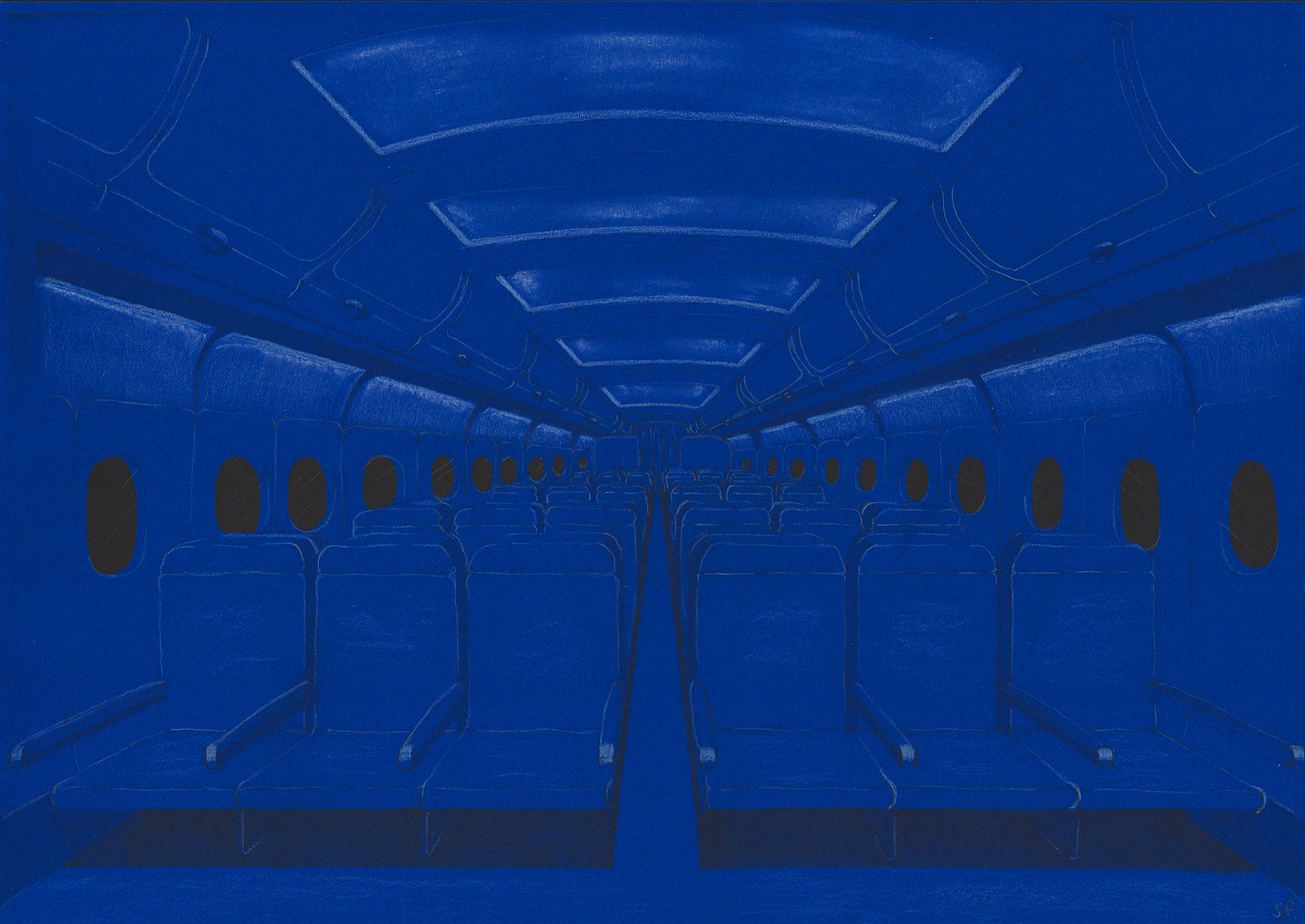 Sheila Farouk: Airplane interior one-point perspective freehand sketch. Rendered with grey pencil, markers, pastels, and white pen