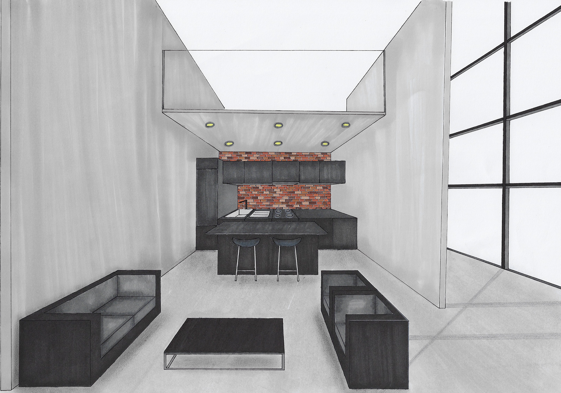 Sheila Farouk: cubic house interior. One-point perspective freehand rendering. Mixed media: markers, colored pencils, and soft pastels.