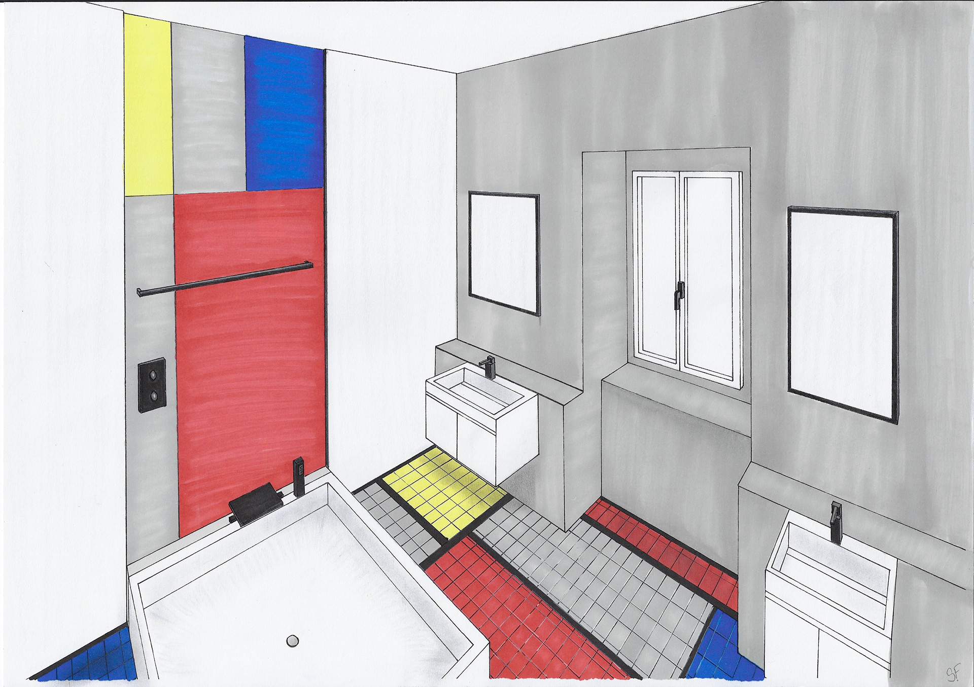 Sheila Farouk: 1920's inspired bathroom interior. Two-point perspective freehand rendering. Mixed media: markers, colored pencils, and soft pastels.