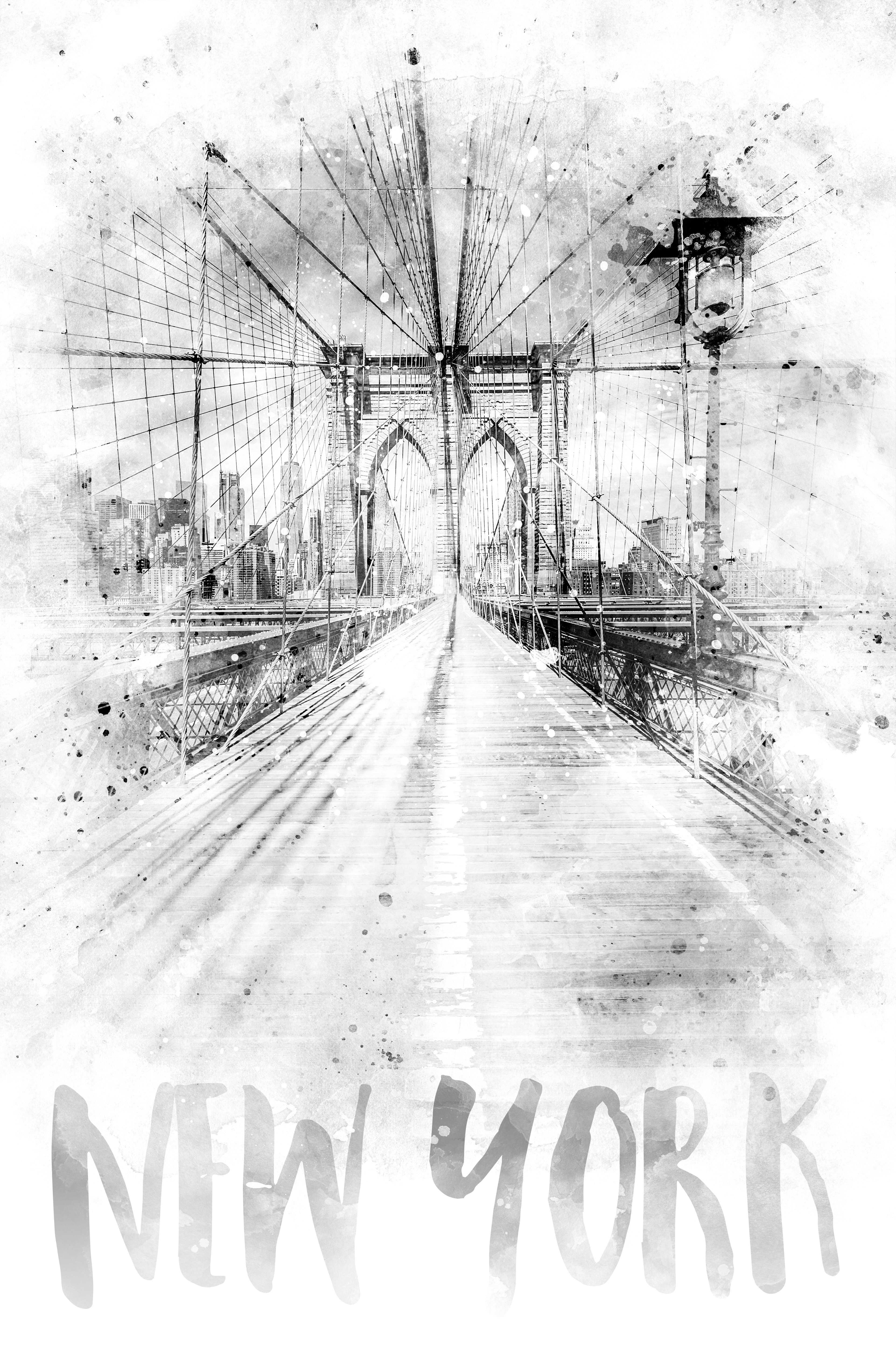 UA032_Monochrome Art NYC Brooklyn Bridge | watercolor