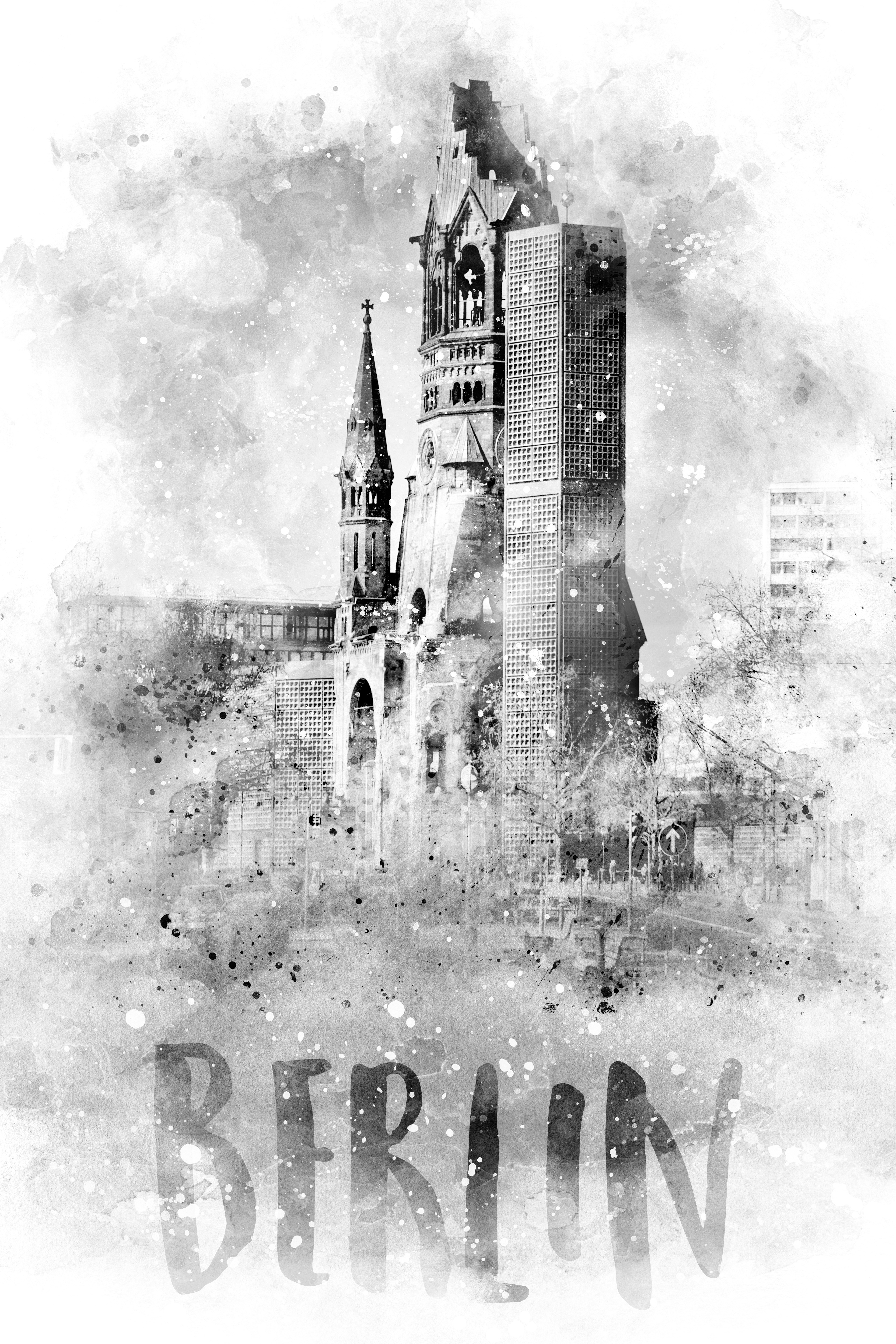 UA031_Monochrome Art BERLIN Kaiser Wilhelm Memorial Church | watercolor