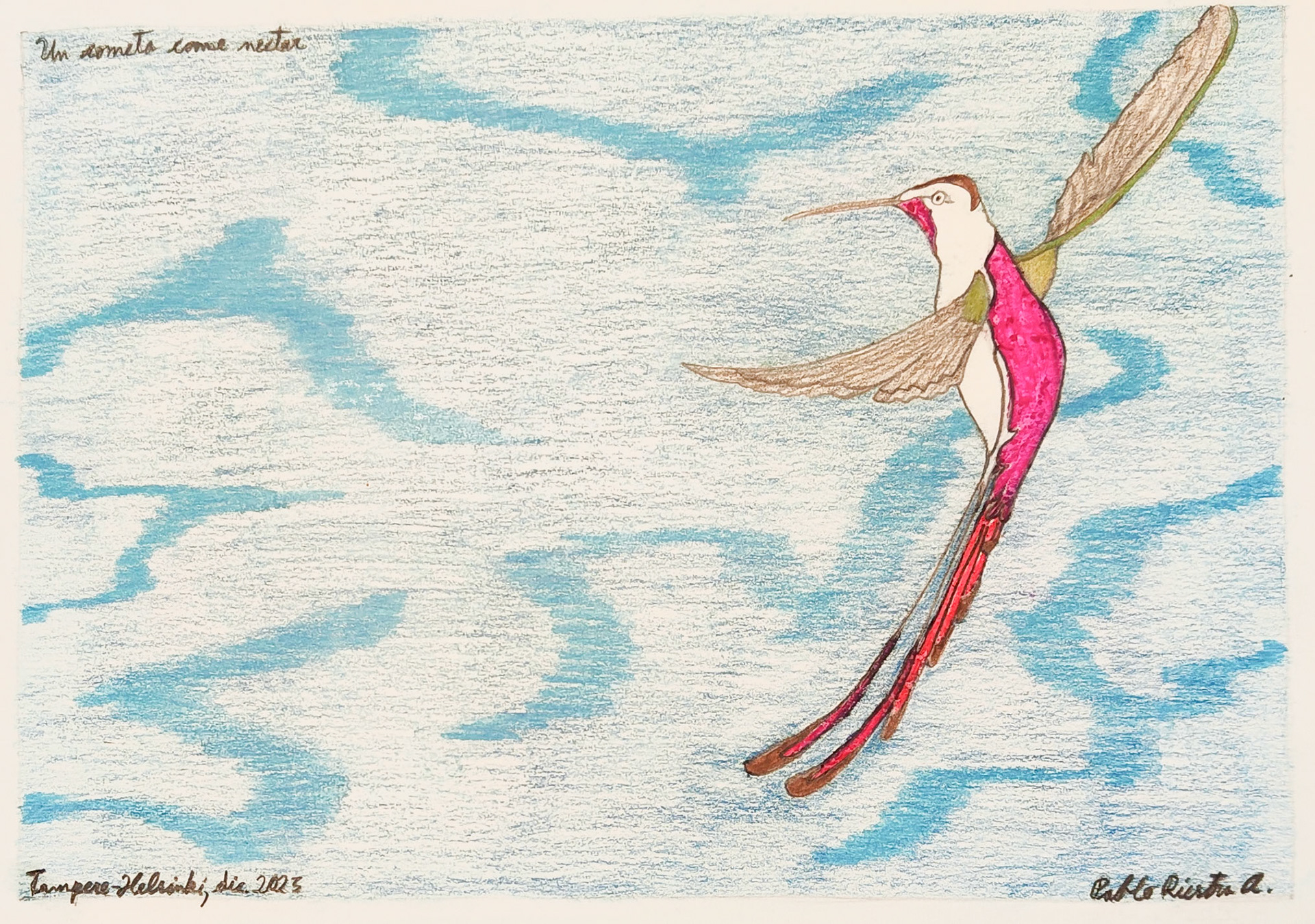 The Comet eats nectar, Finland 2023; Crayon, color pencil and pencil